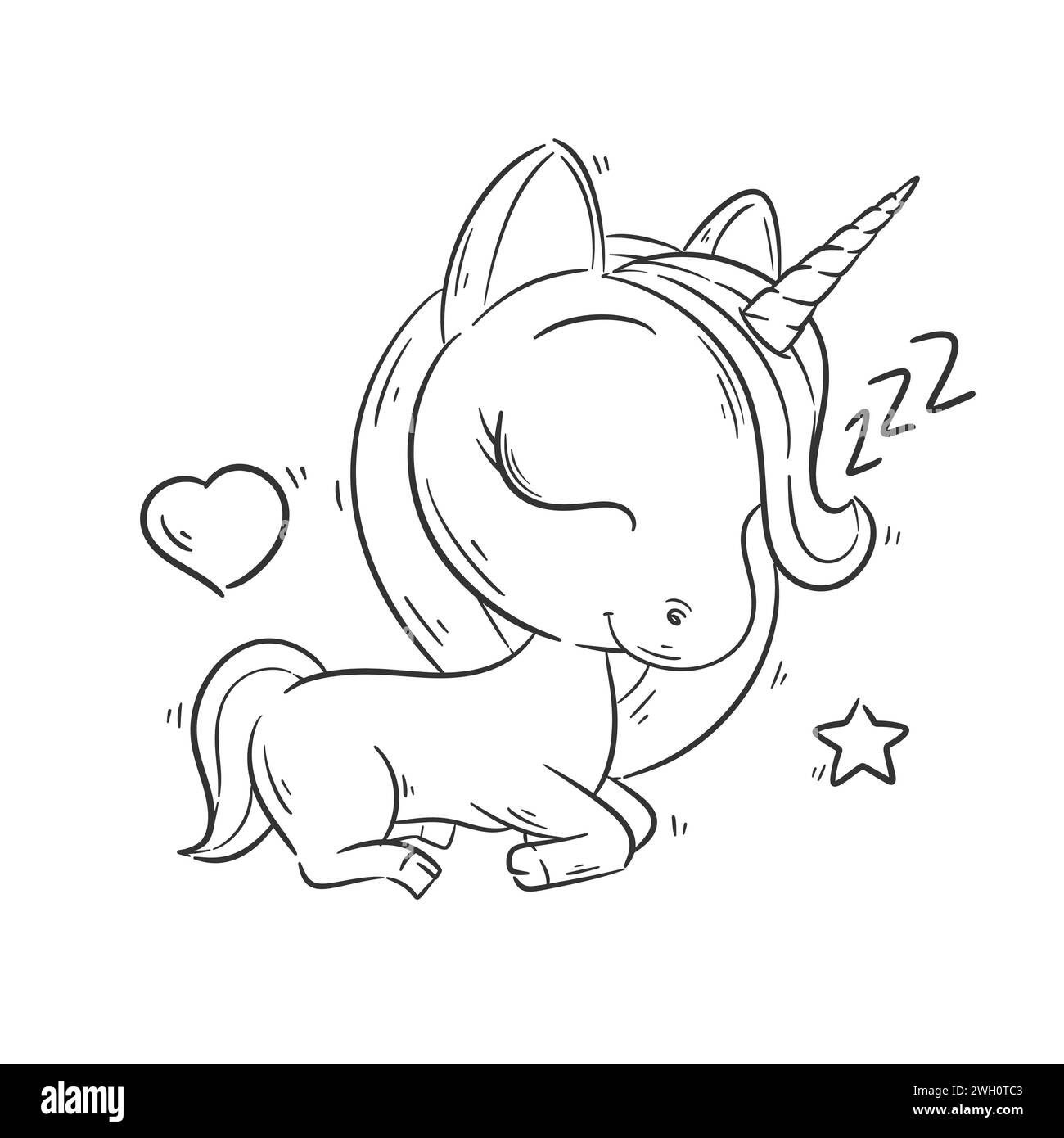 Un simpatico unicorno è il vettore dei cartoni animati dormiente per colorare Illustrazione Vettoriale
