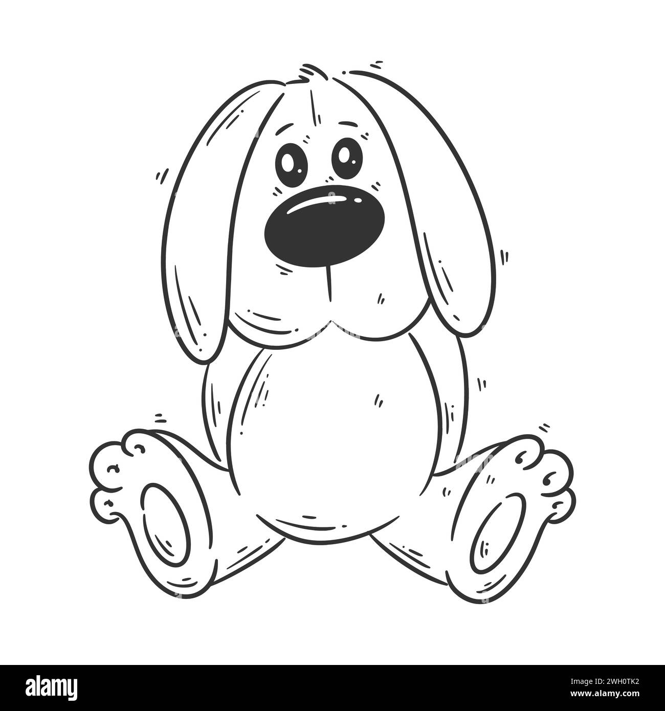 Adorabile bambola di cane seduta da sola in stile cartoni animati per colorare e colorare Illustrazione Vettoriale