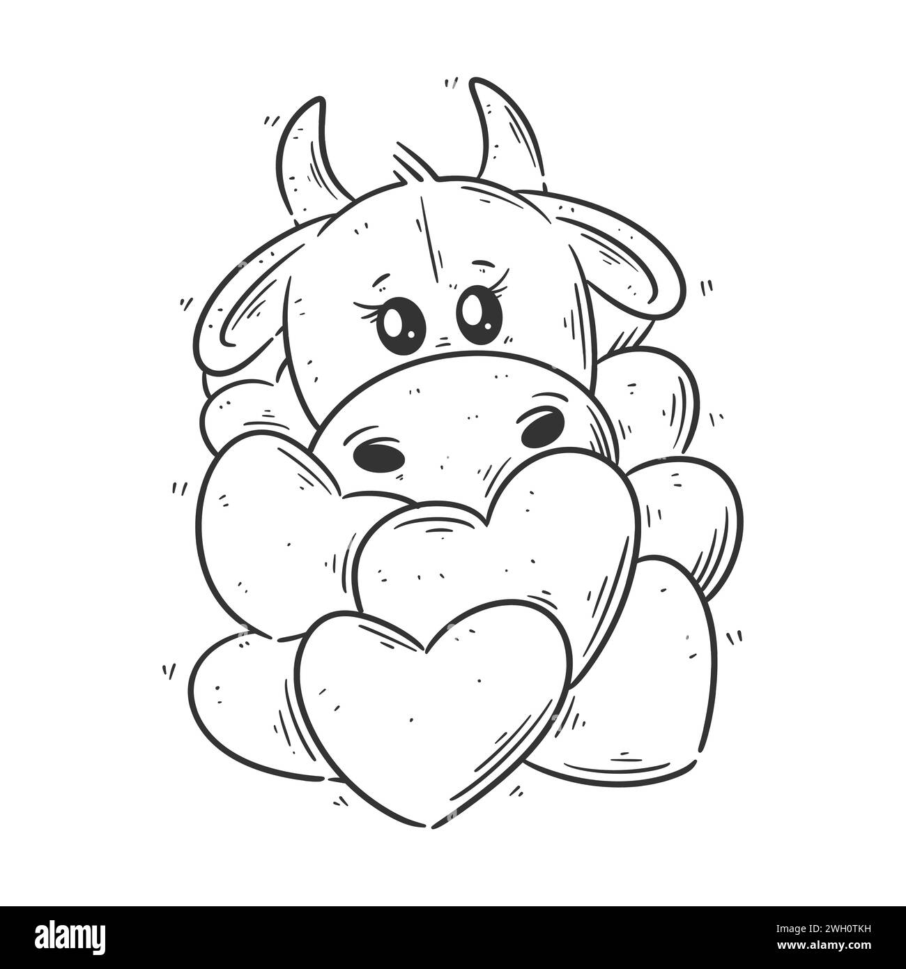 Una mucca carina è in un mucchio di cuori per colorare Illustrazione Vettoriale