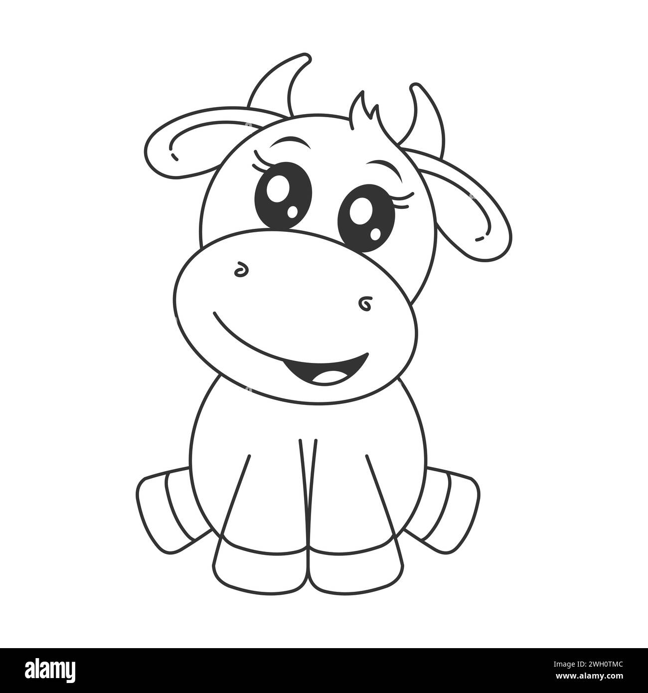 Bella mucca seduta da sola in stile cartoni animati per colorare Illustrazione Vettoriale