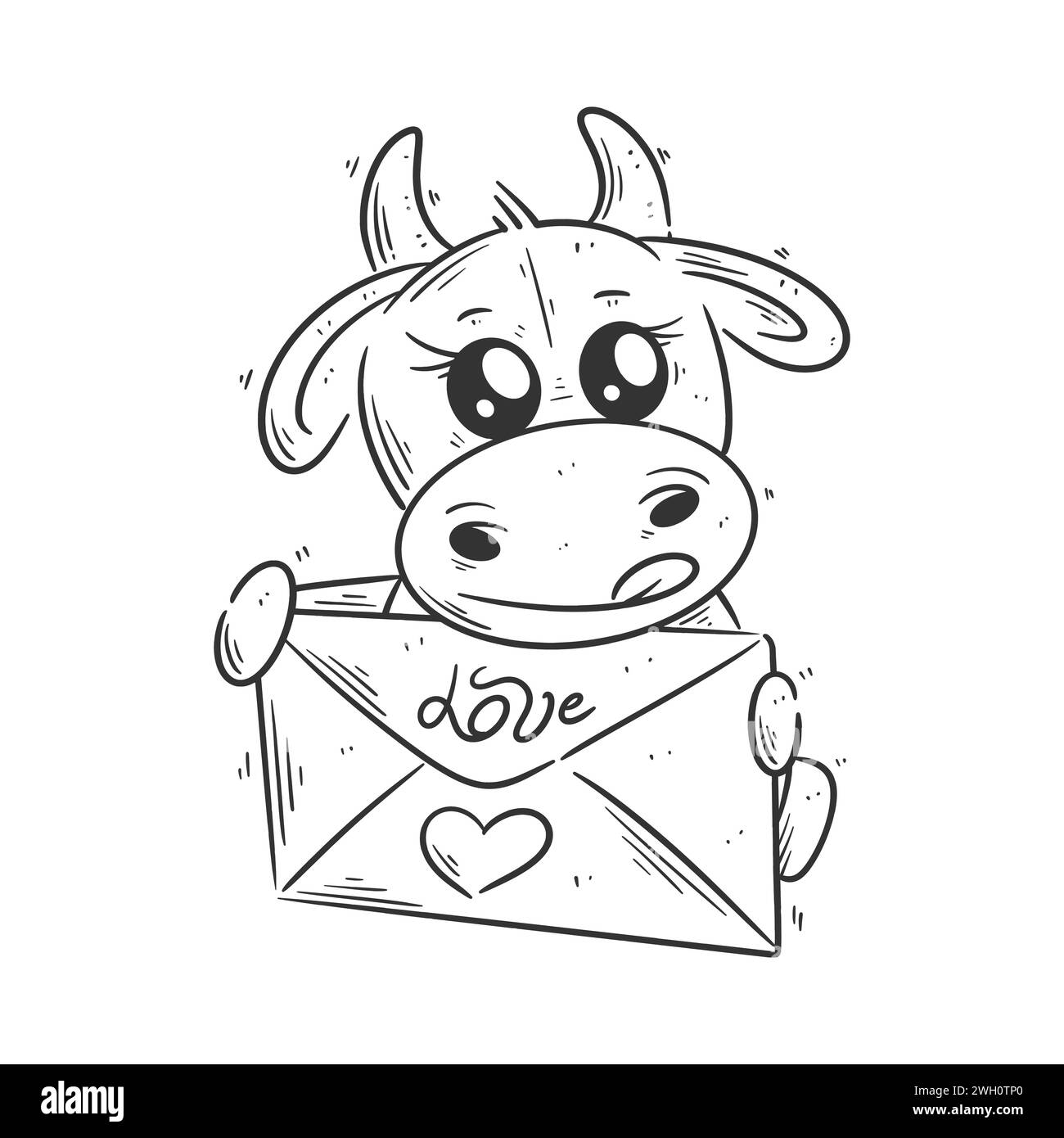Mucca carina che porta una carta d'amore per colorare Illustrazione Vettoriale