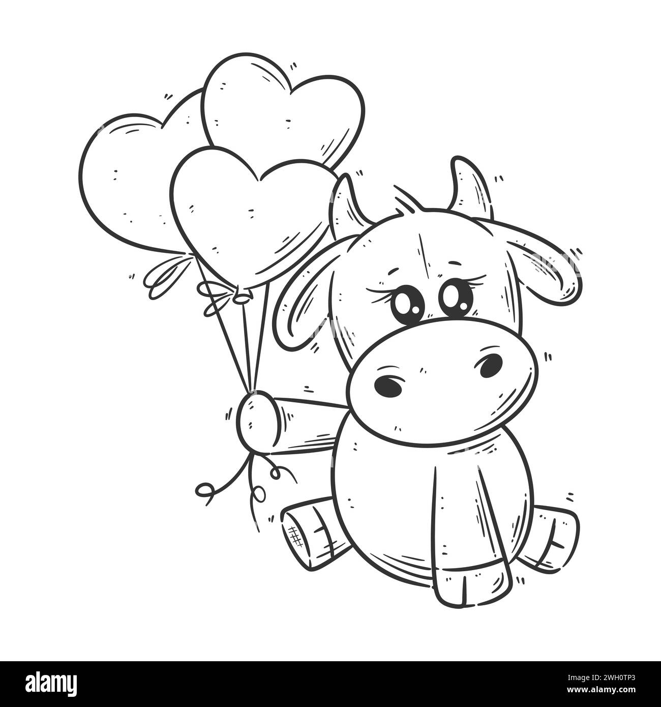 Simpatica mucca che porta un palloncino a forma di cuore per colorare Illustrazione Vettoriale