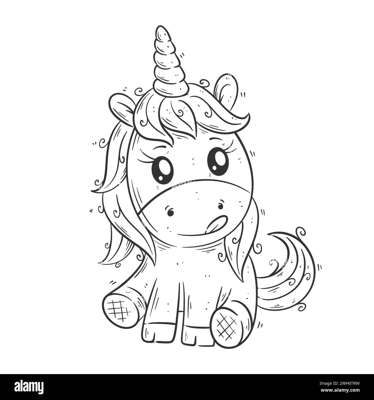 Il simpatico unicorno è seduto senza amici per colorare Illustrazione Vettoriale