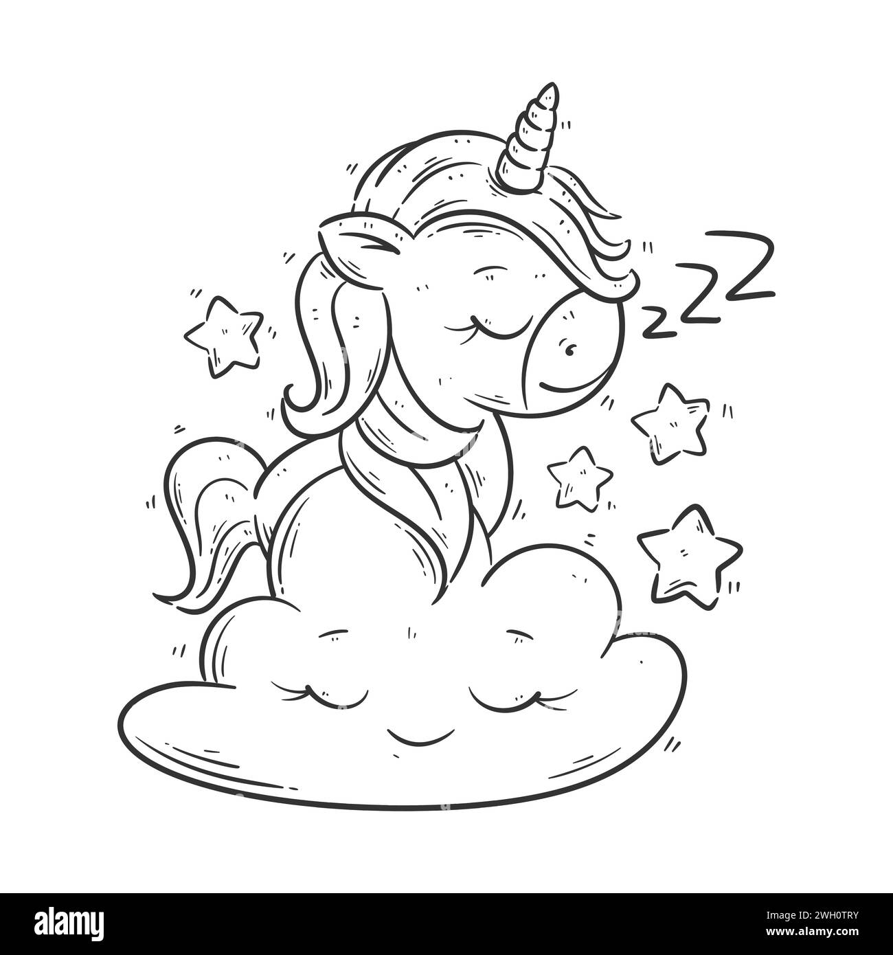 Un simpatico unicorno è nella nuvola per colorare Illustrazione Vettoriale
