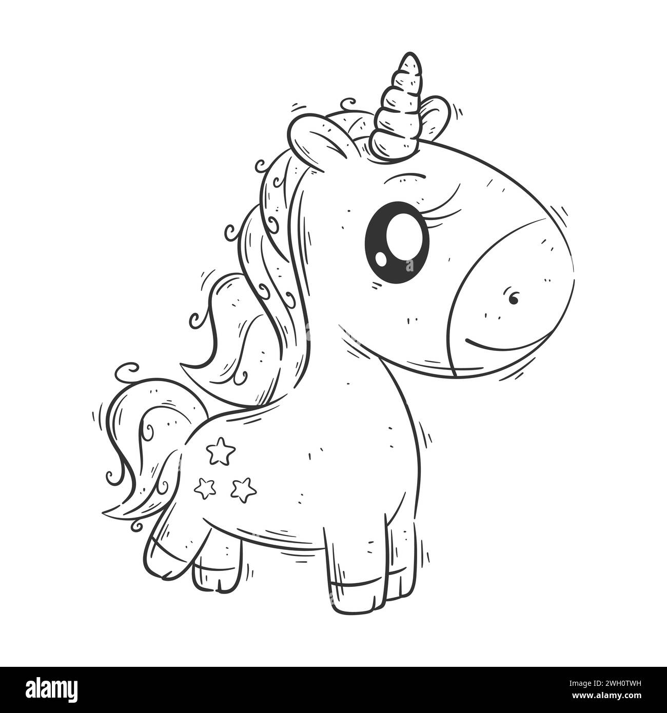 Il simpatico unicorno si staglia da solo e ha un tatuaggio a stella sul petto per colorarlo Illustrazione Vettoriale