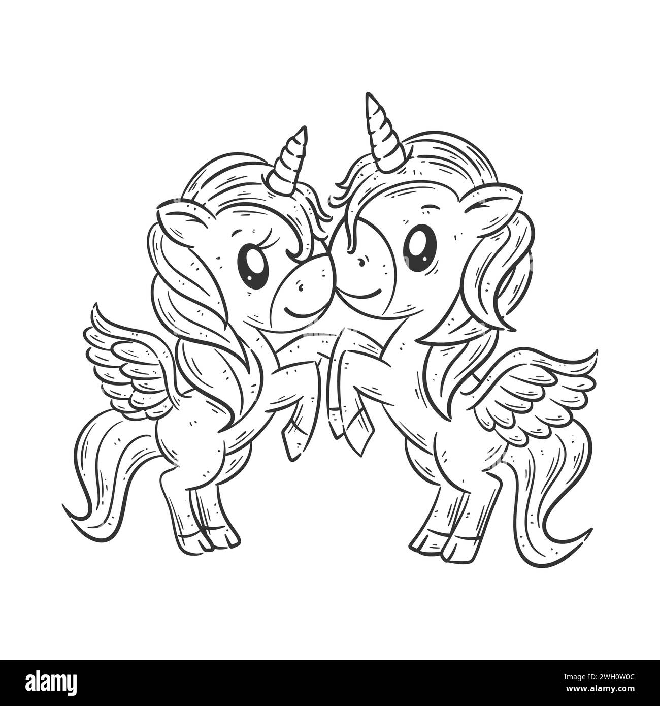 Un paio di unicorni uno di fronte all'altro per la colorazione Illustrazione Vettoriale