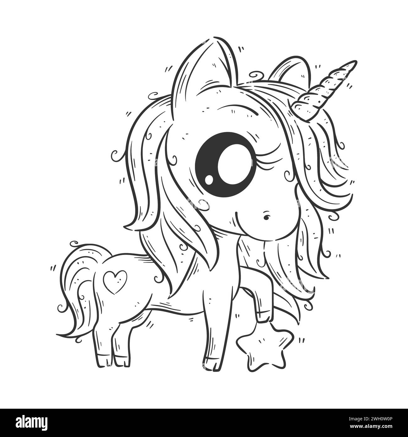 Un simpatico unicorno è stilizzato su una stella per colorarla Illustrazione Vettoriale