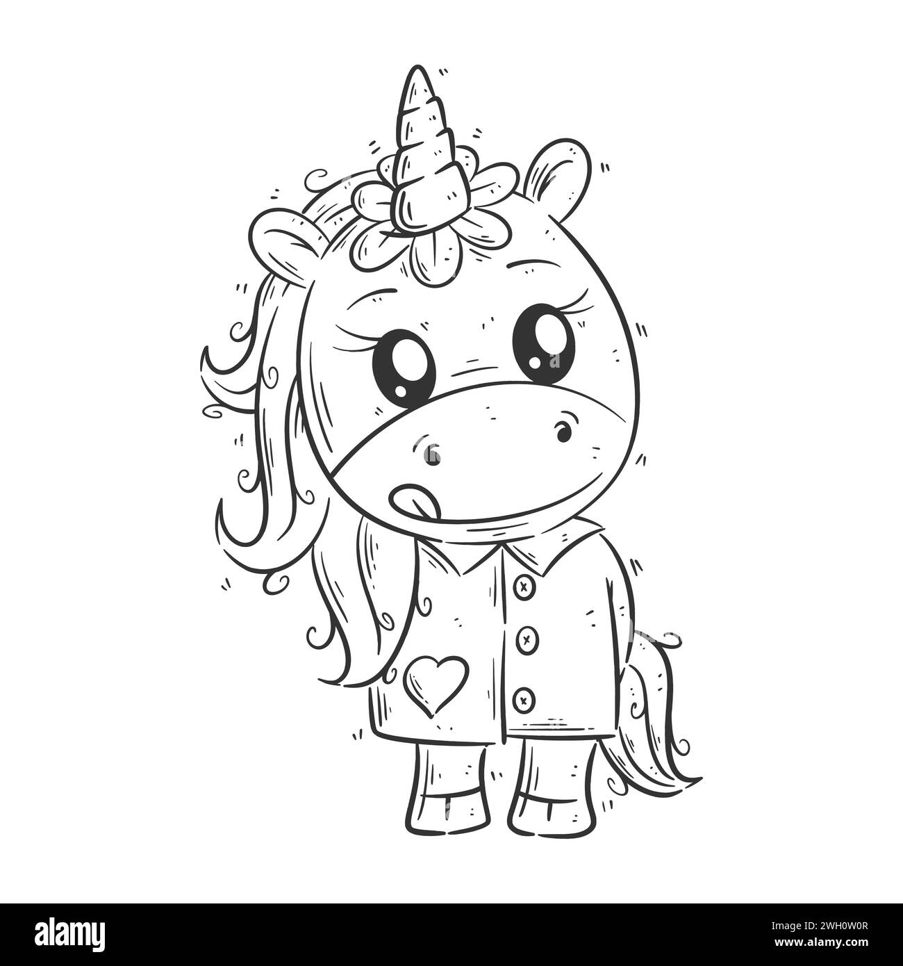Il simpatico unicorno è in piedi e indossa una camicia da colorare Illustrazione Vettoriale