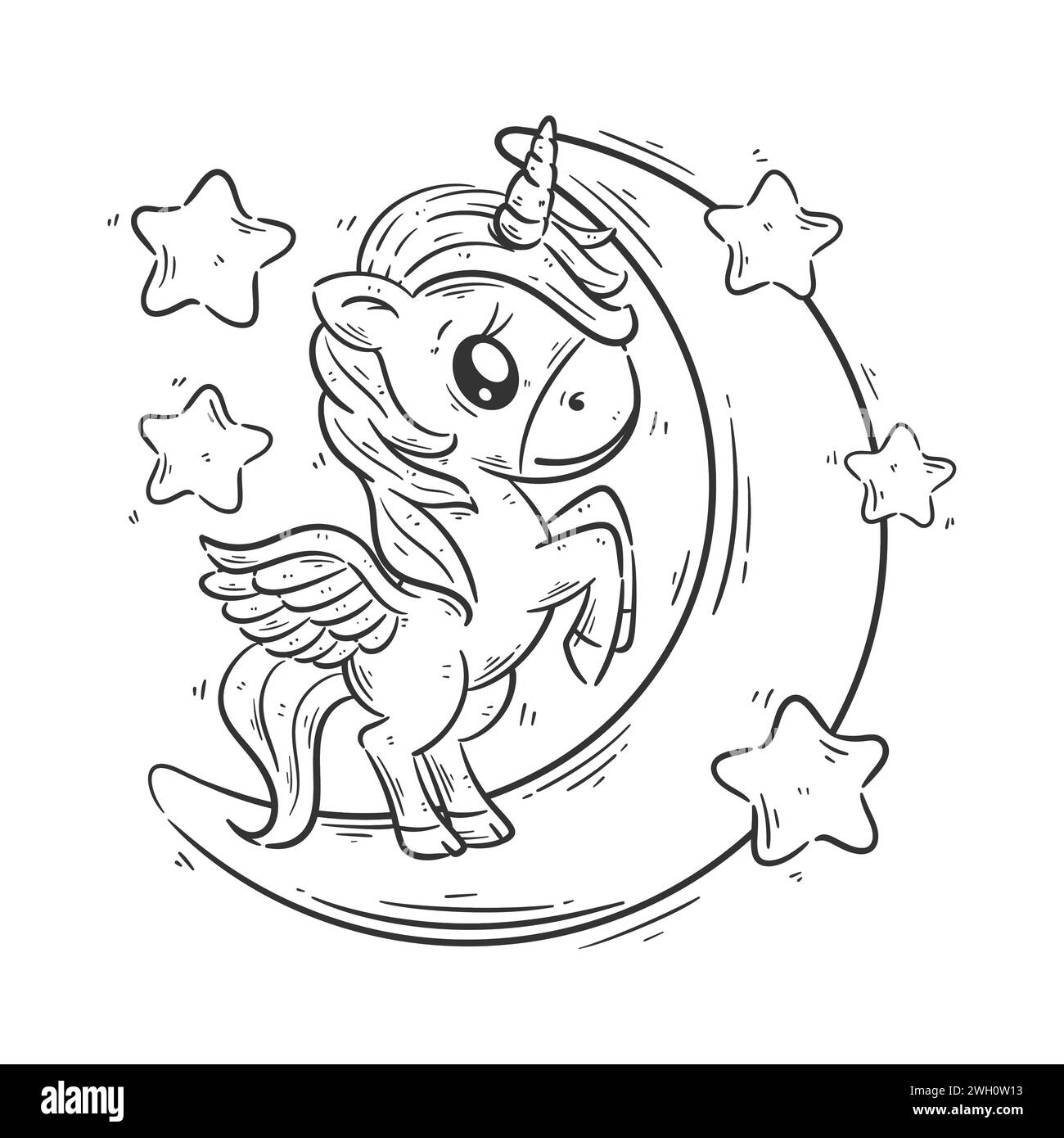 Un simpatico unicorno è sulla luna per colorare Illustrazione Vettoriale