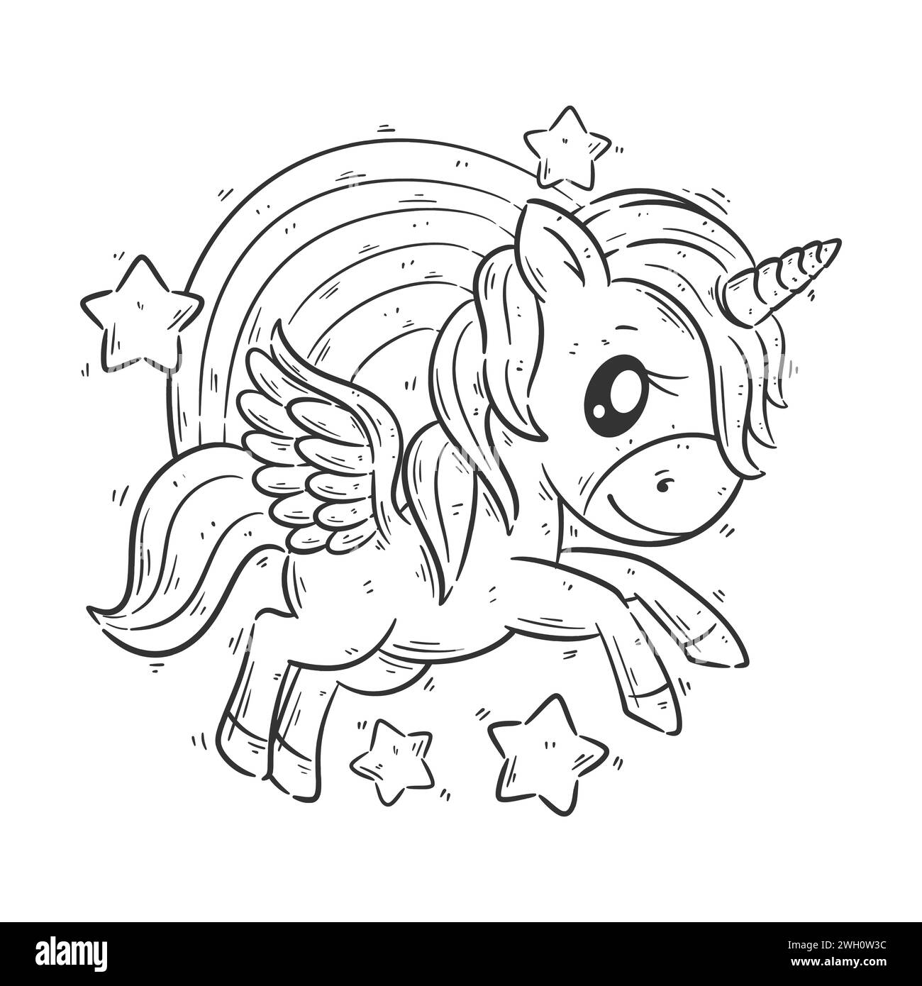 Un simpatico unicorno è davanti all'arcobaleno per colorarlo Illustrazione Vettoriale