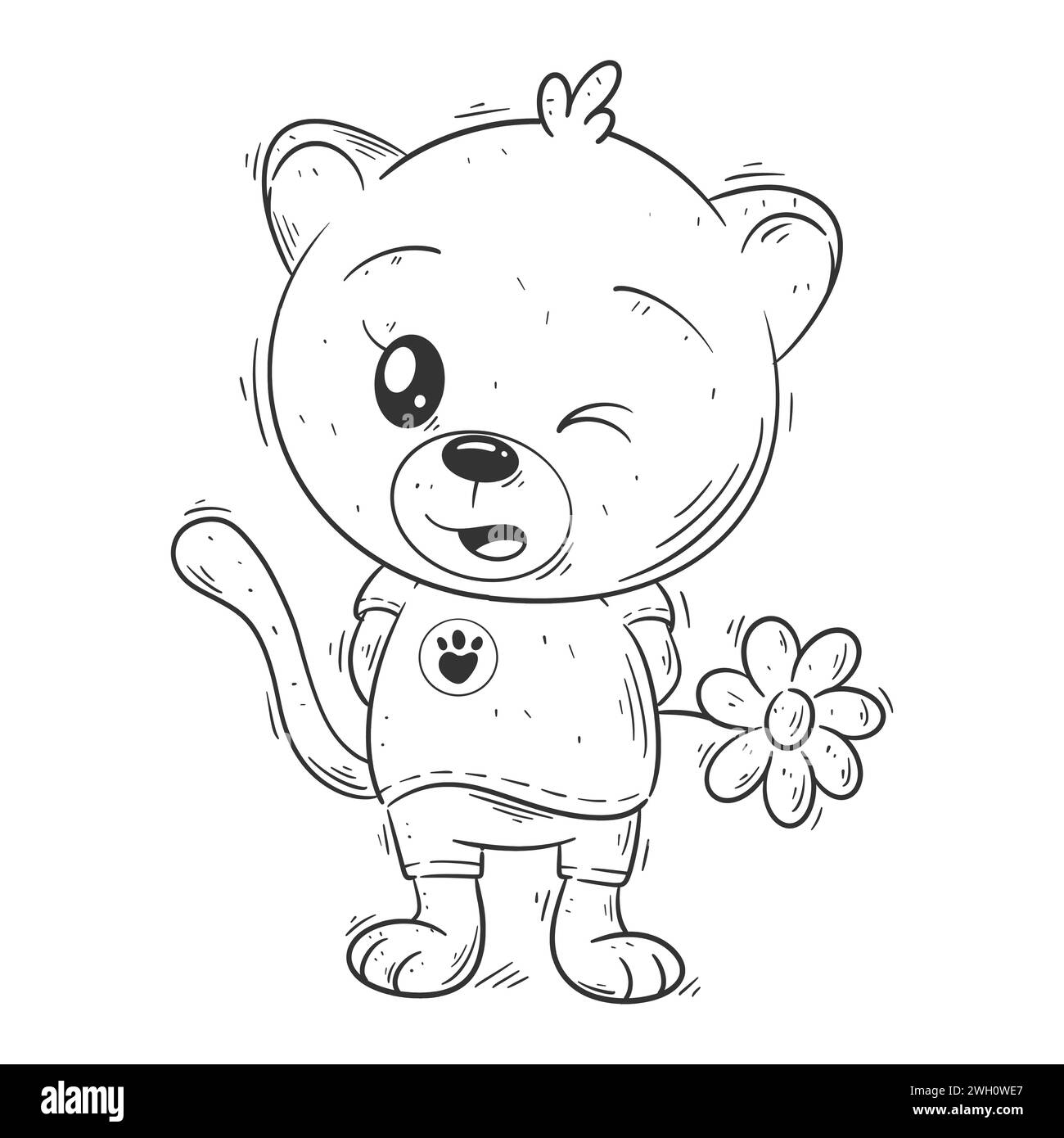 Simpatica leonessa che porta fiori da colorare Illustrazione Vettoriale