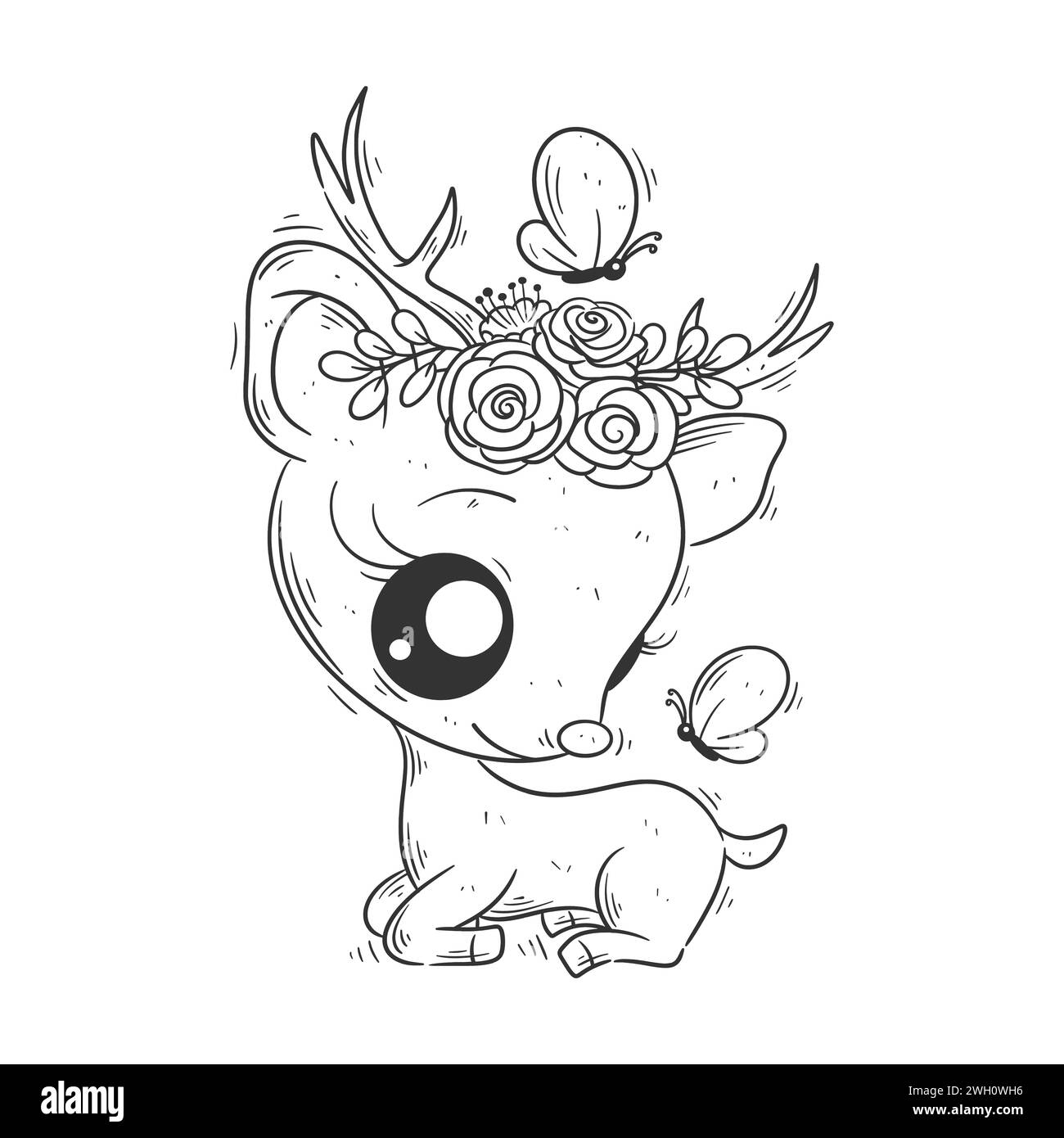 Il grazioso cervo è seduto e c'è un fiore sulla testa per colorarlo Illustrazione Vettoriale