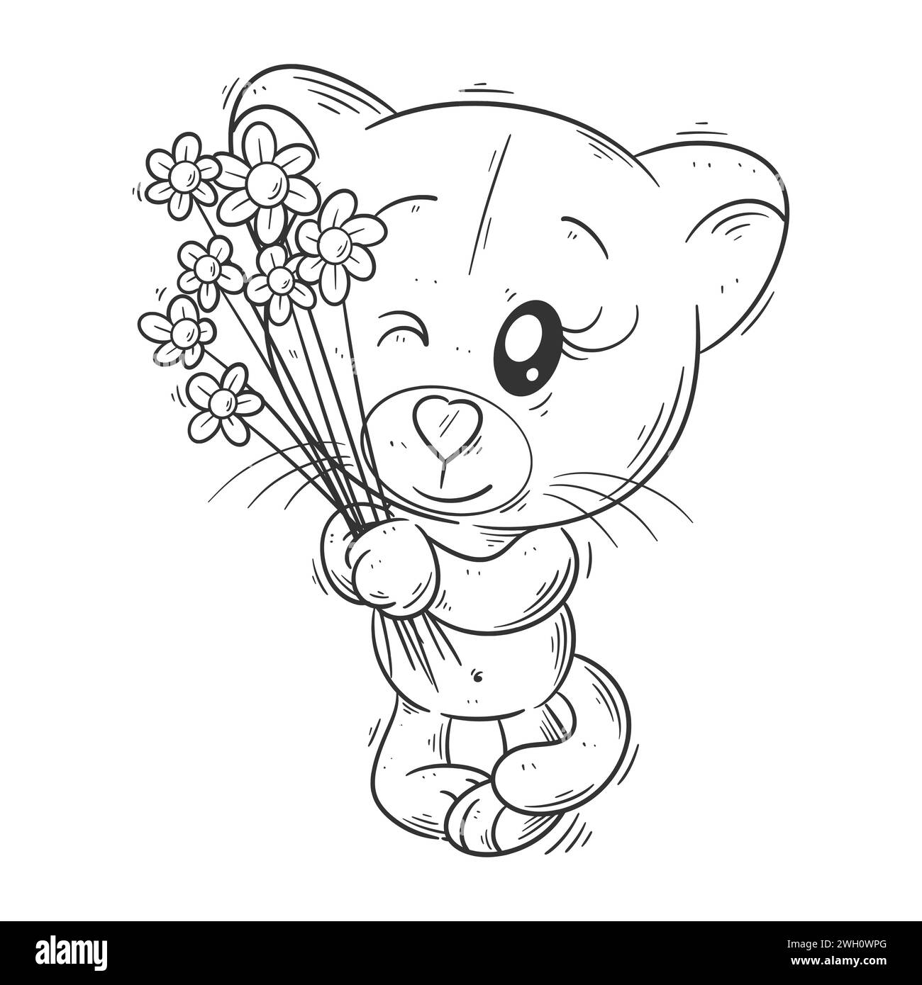 Adorabile leonessa che porta fiori per colorare Illustrazione Vettoriale