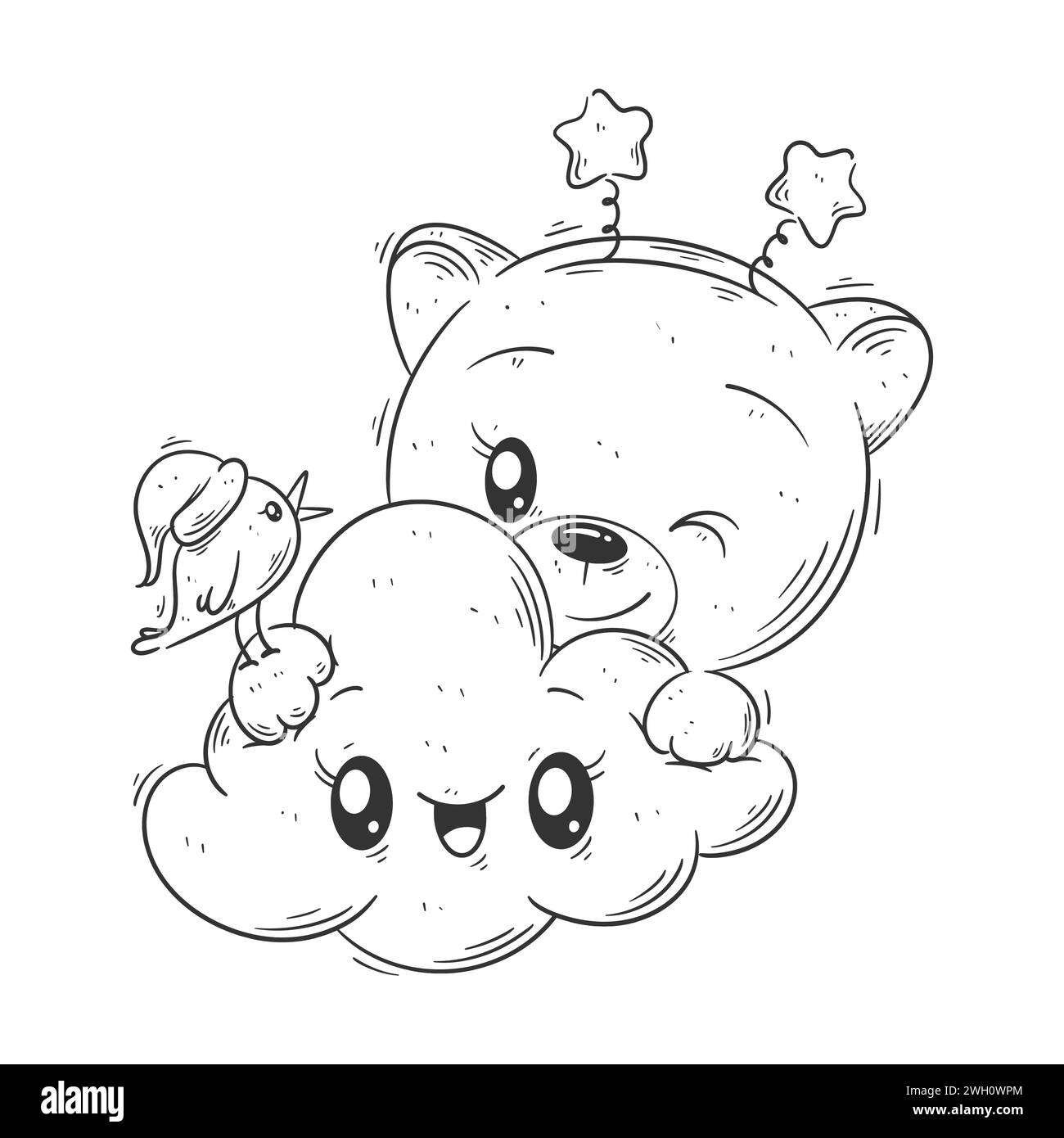 Simpatica leonessa che abbraccia una nuvola per colorare Illustrazione Vettoriale