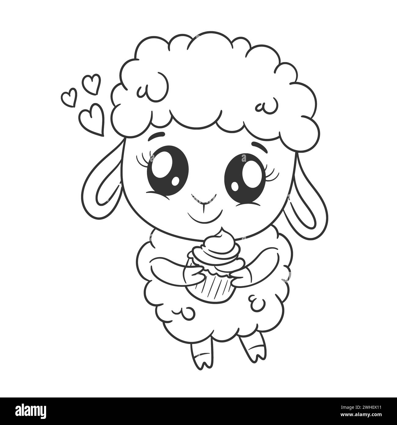 Graziose pecore che portano la torta in mano per colorare Illustrazione Vettoriale
