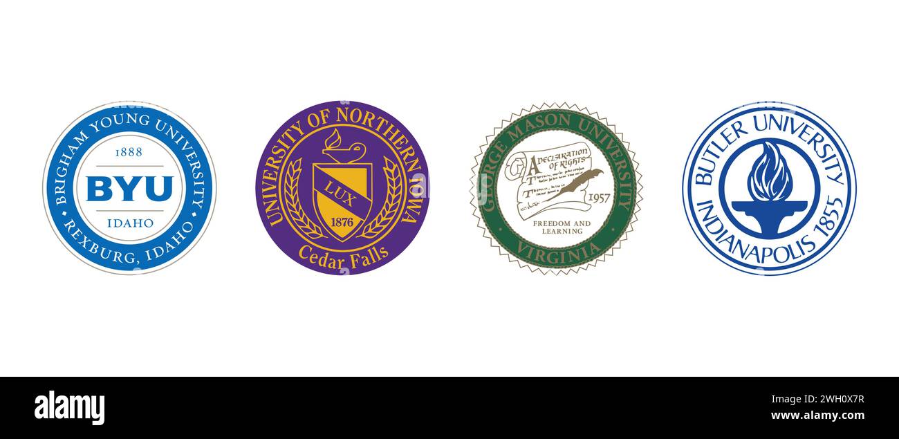 University of Northern Iowa Seal, Butler University Seal, George Mason University Virginia, BYU Idaho Medallion. Illustrazione vettoriale, logo editoriale. Illustrazione Vettoriale