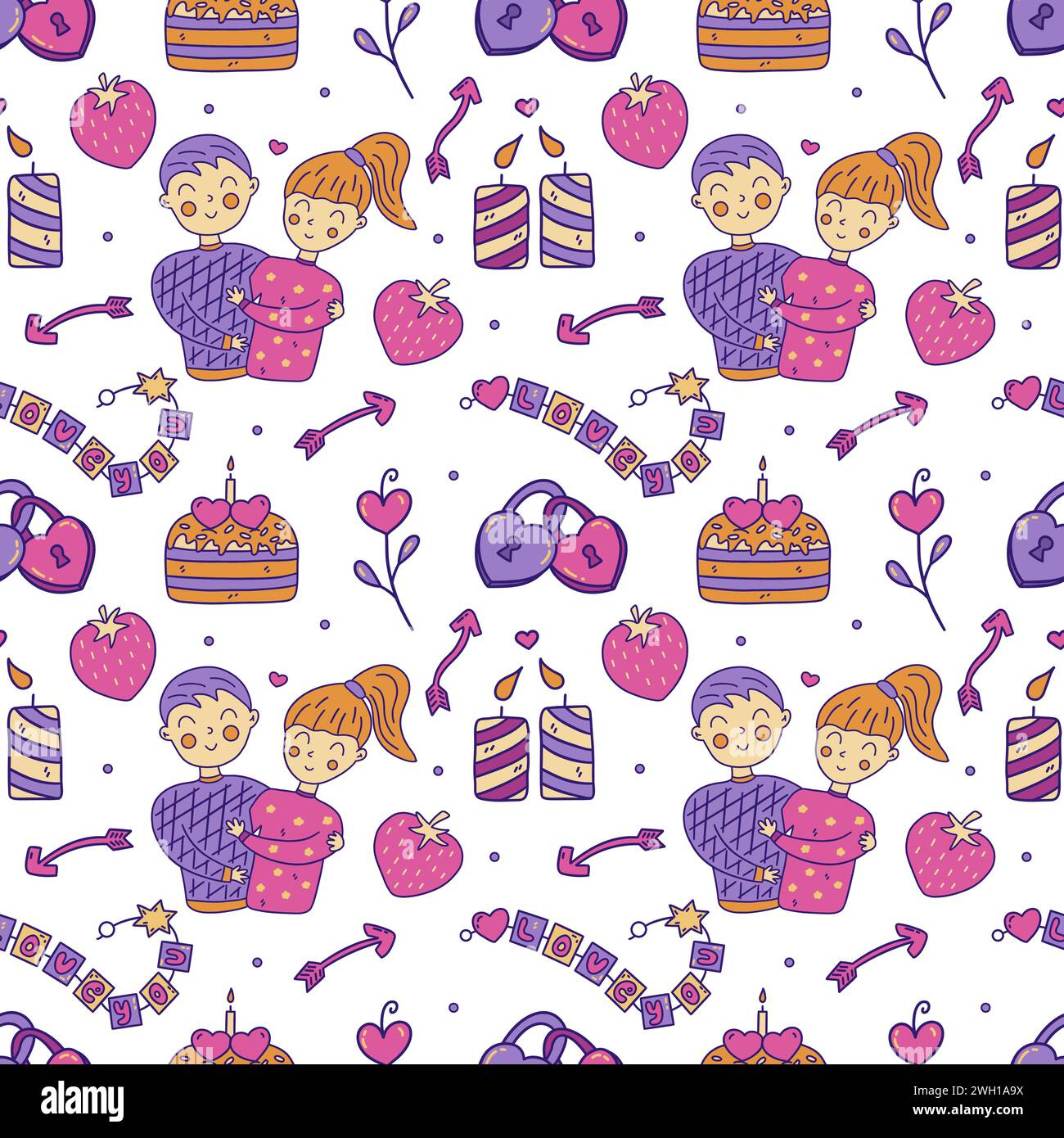 Motivo senza cuciture con coppia innamorata ed elementi da giorno valenziani. Candele innamorate, serrature a forma di cuore fissate insieme, braccialetto e torta. San Valentino Illustrazione Vettoriale