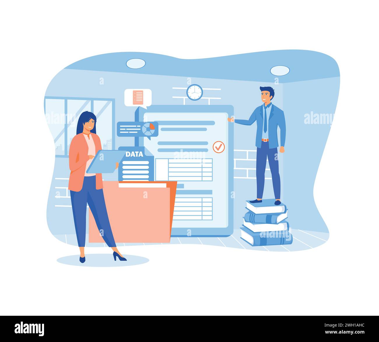 Servizio o piattaforma online di assistente personale per uomini d'affari. Lavoratore che risponde alle chiamate e assiste con i documenti. illustrazione moderna vettoriale piatta Illustrazione Vettoriale