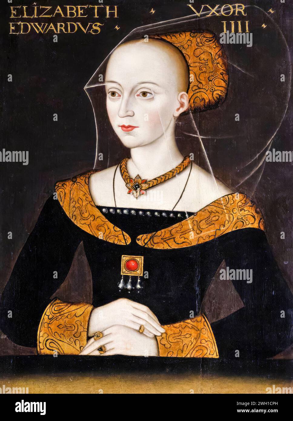 Elizabeth Woodville (circa 1437-1492) in seguito, Dame Elizabeth Grey, fu regina consorte d'Inghilterra nel 1464-1470 e di nuovo nel 1471-1483 come moglie di re Edoardo IV, ritrattista a olio su tavola, dopo il 1500 Foto Stock