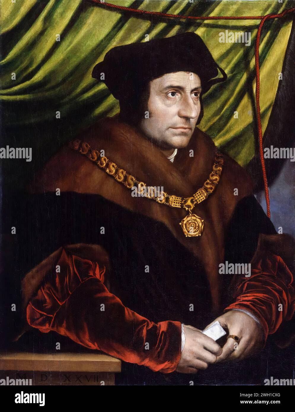 Sir Thomas More (1478-1535), Consigliere di Enrico VIII e Lord Gran Cancelliere d'Inghilterra (1529-1532), ritratto a olio su tavola dopo Hans Holbein il giovane, 1600-1625 Foto Stock