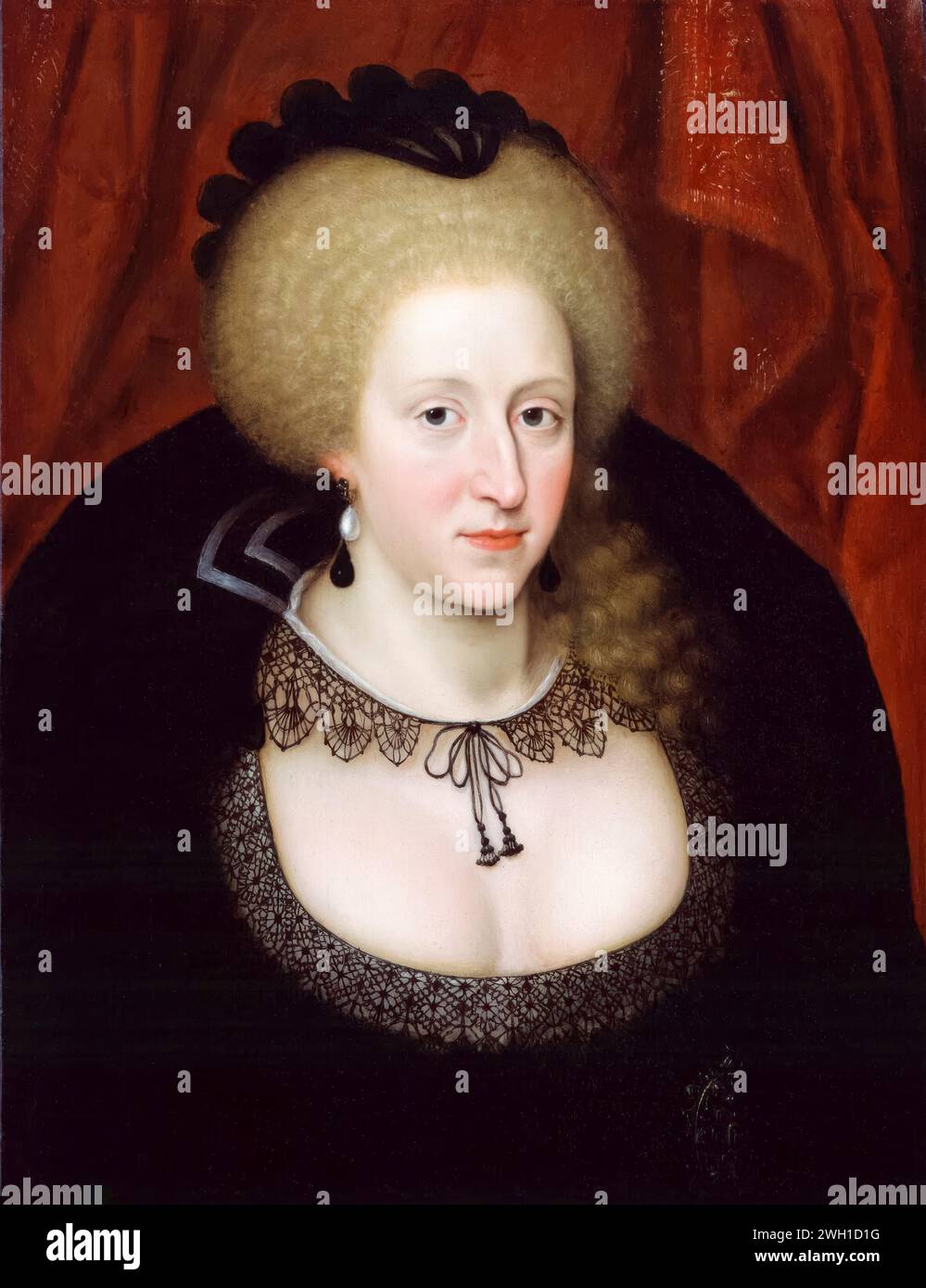 Anna di Danimarca (1574-1619), Regina di Scozia 1589-1619 e Regina d'Inghilterra e Irlanda 1603-1619 in lutto, ritratto dipinto ad olio su tavola, 1628-1644 Foto Stock
