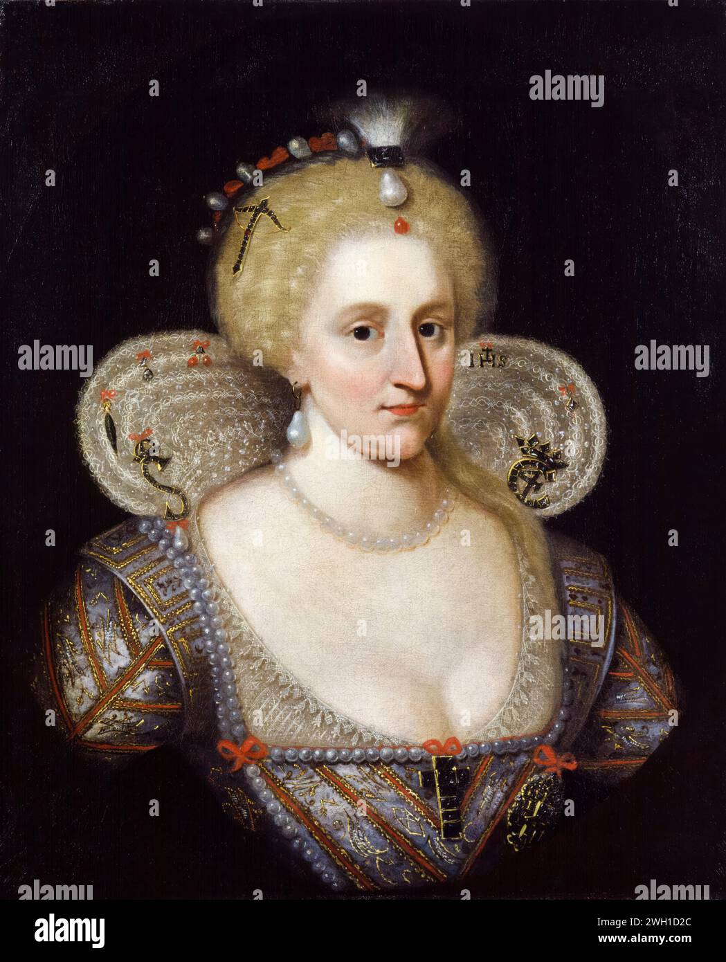 Anna di Danimarca (1574-1619), Regina di Scozia 1589-1619 e Regina d'Inghilterra e d'Irlanda 1603-1619, ritratto a olio su tela dopo Paul van Somer, 1600-1699 Foto Stock