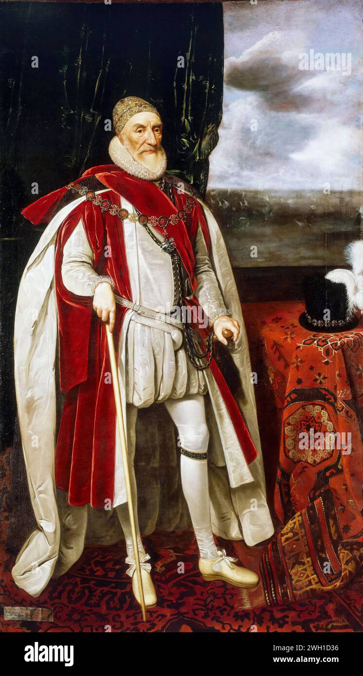 Charles Howard, i conte di Nottingham, II barone Howard di Effingham (1536-1624), noto come 'Lord Howard di Effingham', comandante delle forze inglesi contro l'Armada spagnola, ritratto dipinto ad olio su tela dalla bottega di Daniel Mytens, intorno al 1620 Foto Stock