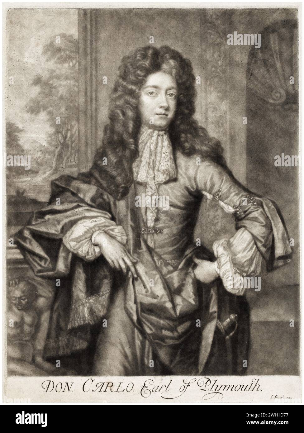 Charles FitzCharles, i conte di Plymouth (1657–1680), soprannominato "Don Carlos", ritratto di mezzotinta in onore di Sir Peter Lely, intorno al 1689 Foto Stock