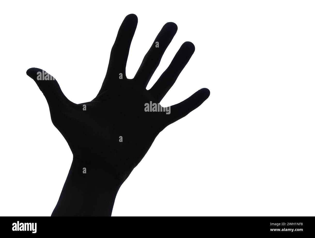 Sagoma di una mano umana nera isolata su sfondo bianco. Saluti, saluti Foto Stock