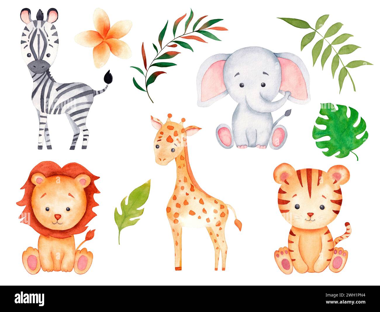 Illustrazione ad acquerello di animali da safari con elefante bambino, leone, zebra, giraffe, tigre e vegetazione nella giungla tropicale per vivaio, cartoline e inviti Foto Stock