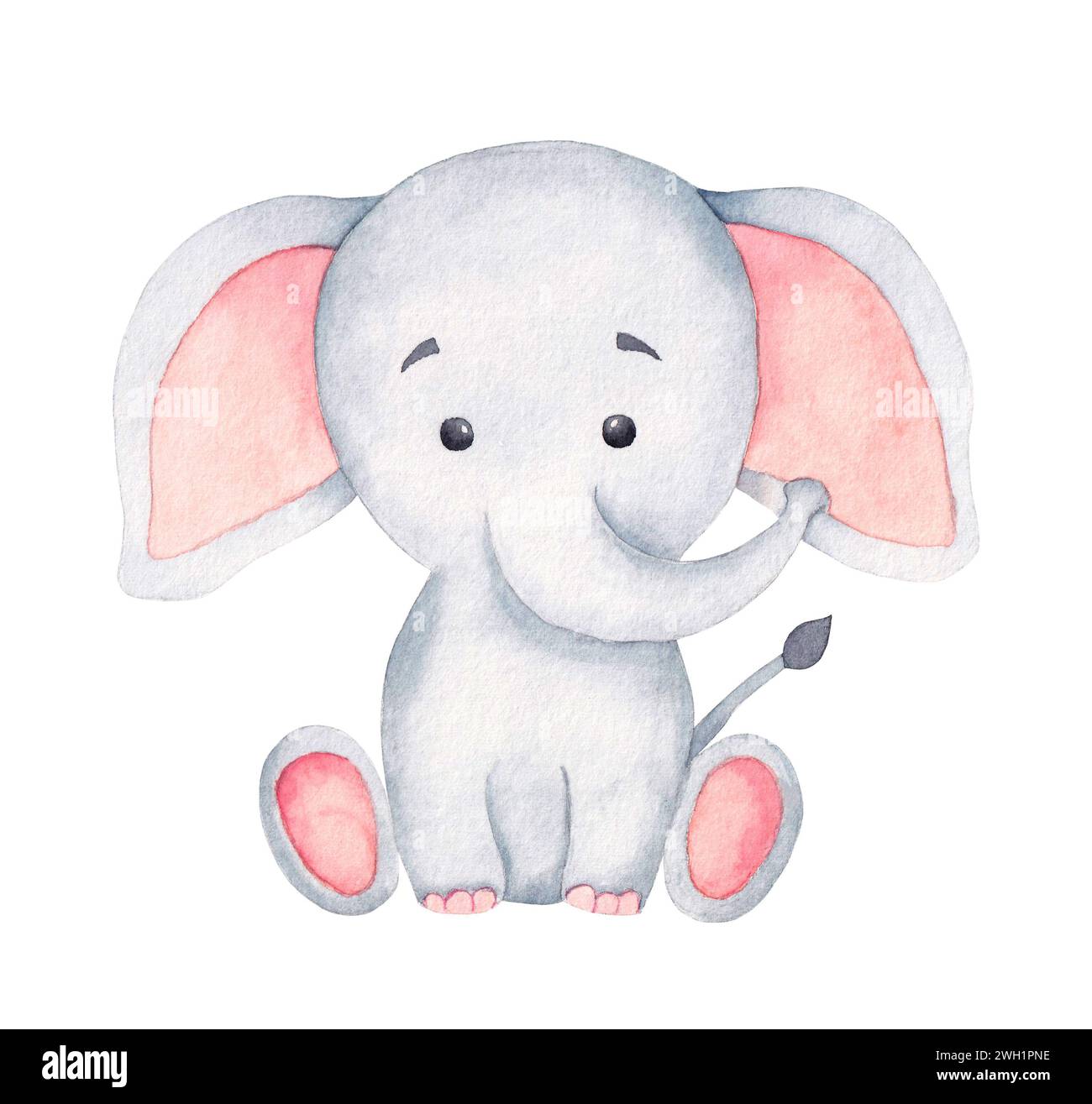 Carino elefante in stile cartoni animati. Acquerello africano per le vacanze dei bambini Foto Stock