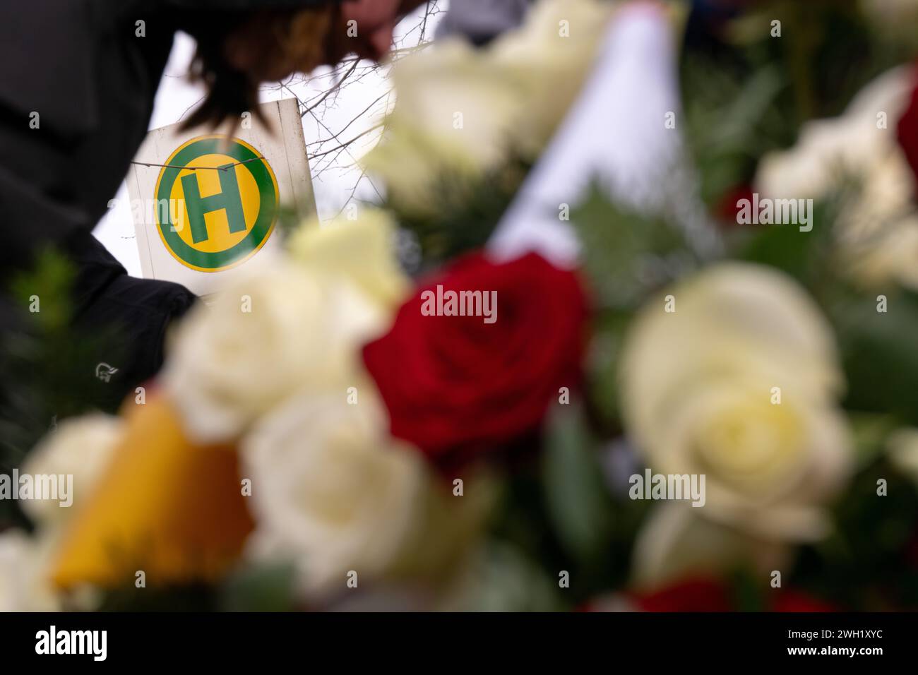 Berlino, Germania. 7 febbraio 2024. Fiori giacciono sulla lapide davanti al cartello della fermata dell'autobus dove è stata uccisa per strada dal fratello minore il 7 febbraio 2005, durante un servizio commemorativo nel 19° anniversario della morte di Hatun Aynur Sürücü da Berlino perché il suo stile di vita presumibilmente offese l'onore della famiglia. Crediti: Sebastian Christoph Gollnow/dpa/Alamy Live News Foto Stock