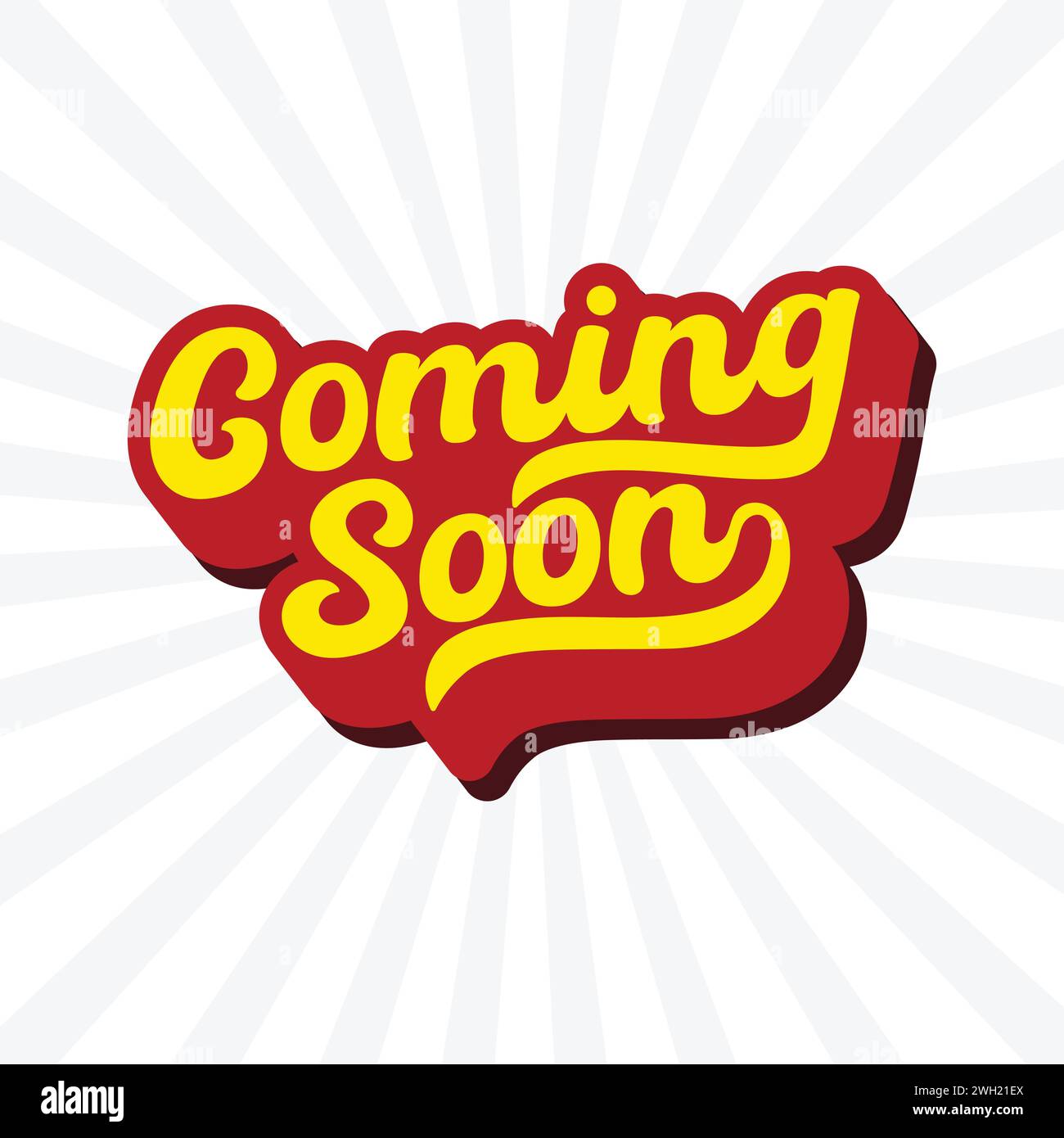 Prossimamente design tipografico in stile retrò. Presto disponibile adesivo, banner, poster. Design di etichette per promozioni commerciali. Cartello vettore pubblicitario di vendita Illustrazione Vettoriale