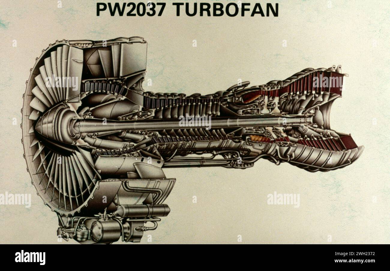 Sezione del motore aeronautico Pratt & Whitney PW 2037 turbofan americano, USA 1980s Foto Stock