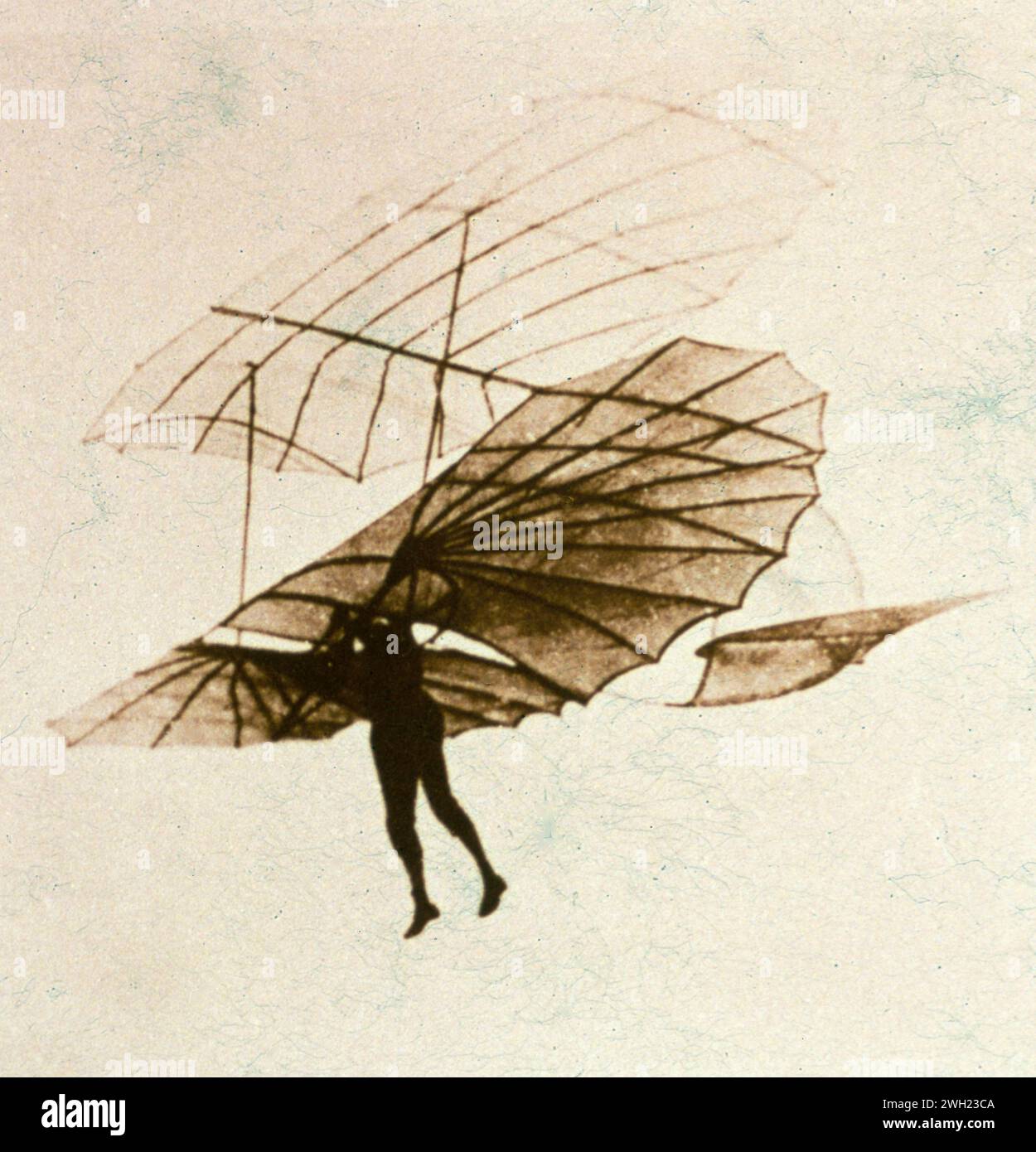 Volo del tedesco otto Lilienthal con un aliante biplano, disegno, Germania 1890 Foto Stock