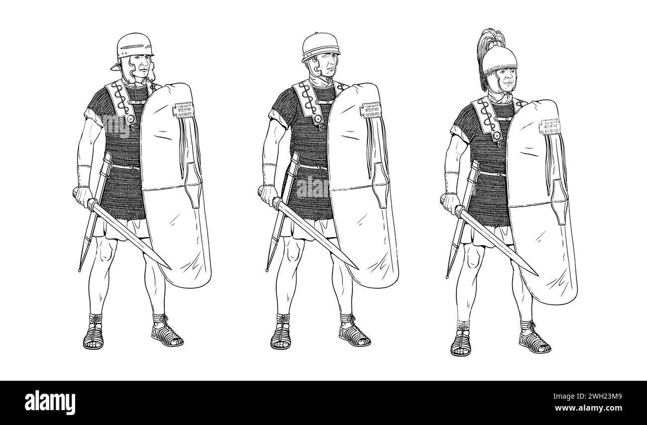 Legionari romani prima della battaglia. Disegno storico. Foto Stock