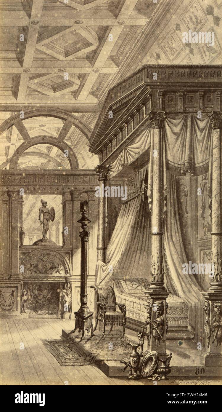 Letto da parata greco-romano in stile impero del XVIII secolo, disegno dell'artista francese Alfred Guinard, Francia 1881 Foto Stock