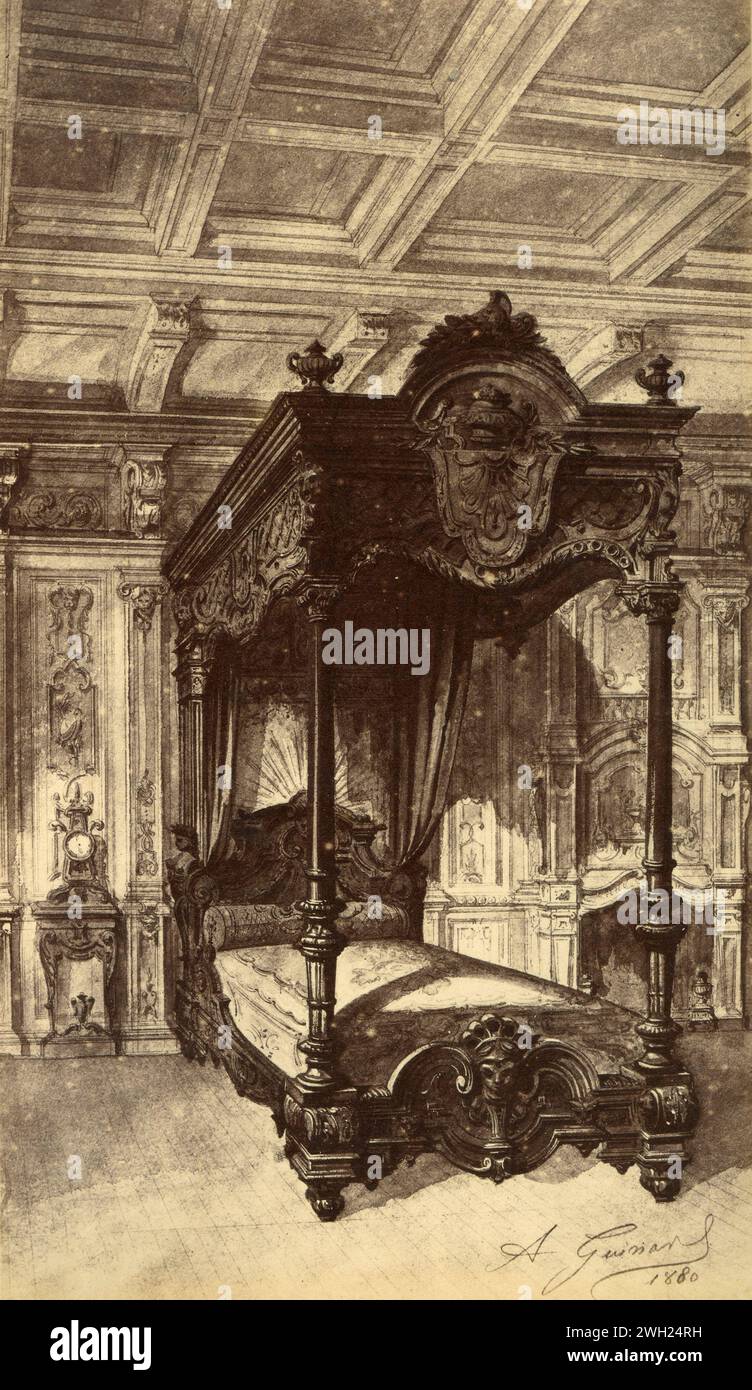 Luigi XIV, letto a baldacchino in stile XVI secolo con colonne, disegno dell'artista francese Alfred Guinard, Francia 1881 Foto Stock