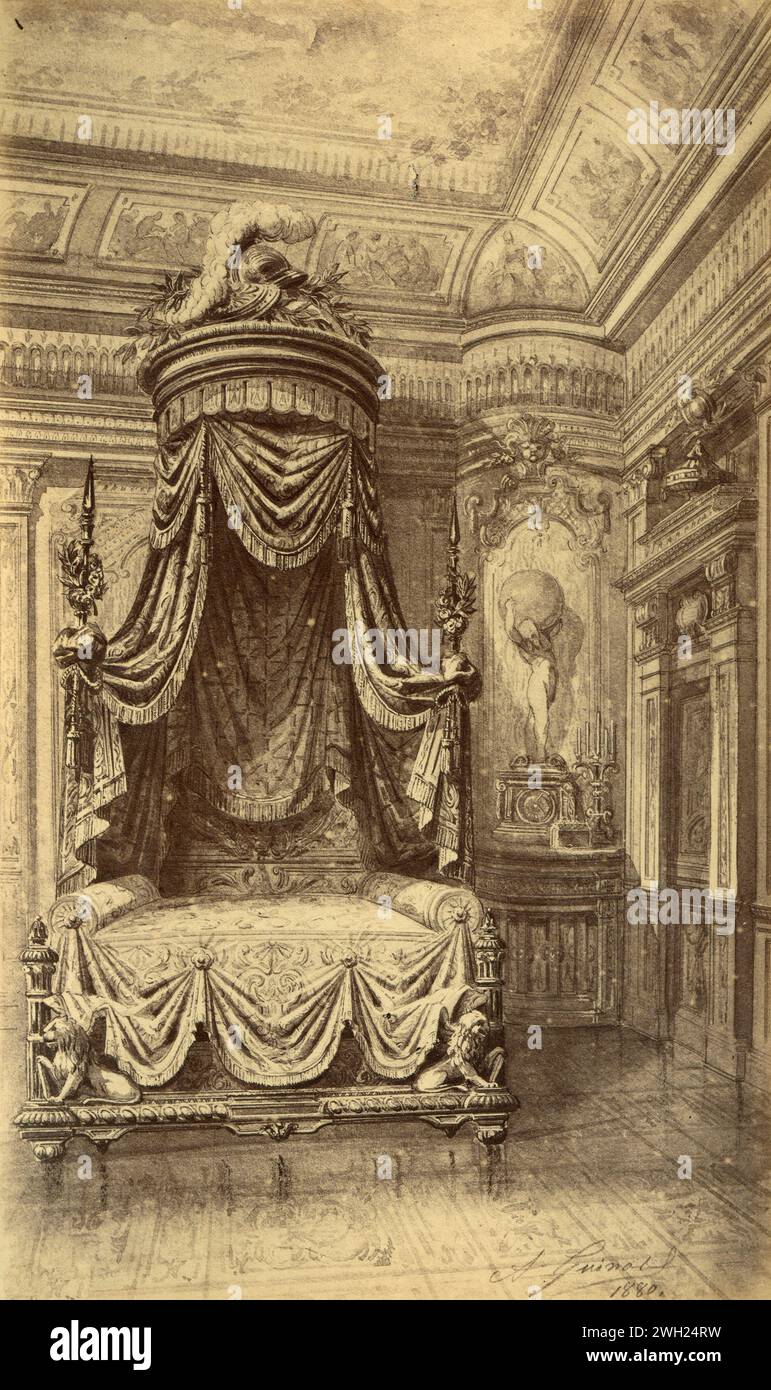 Luigi XIV, letto a baldacchino in stile XVI secolo con cupola, disegno dell'artista francese Alfred Guinard, Francia 1881 Foto Stock