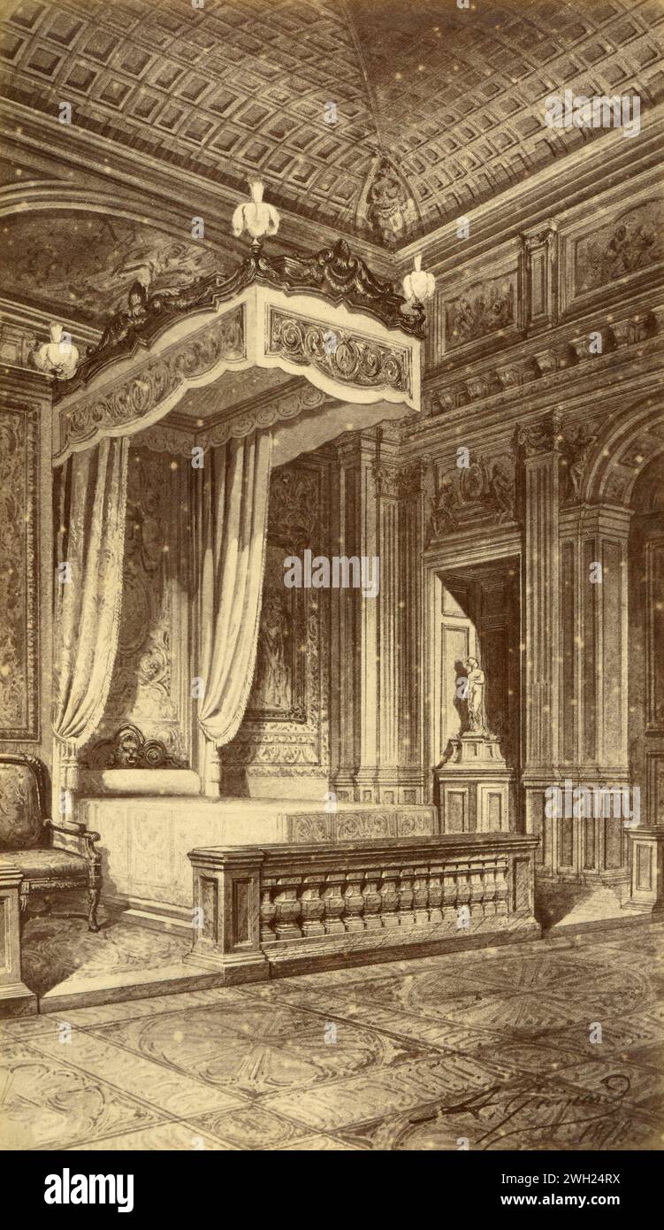 Luigi XIV, letto a baldacchino in stile XVI secolo, disegno dell'artista francese Alfred Guinard, Francia 1881 Foto Stock