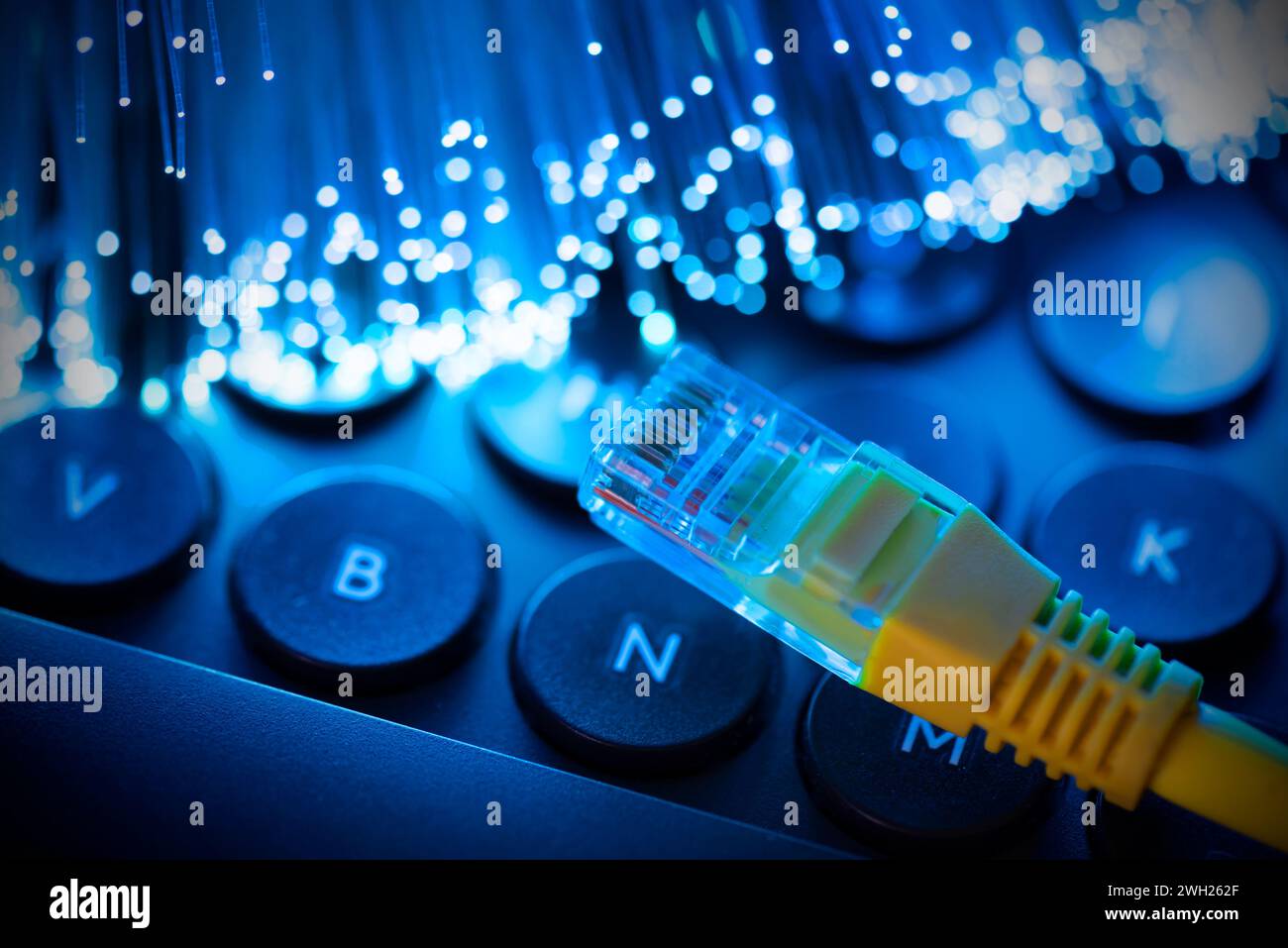 Internet a fibra ottica ad alta velocità. Connessione via cavo a Internet ad alta velocità Foto Stock