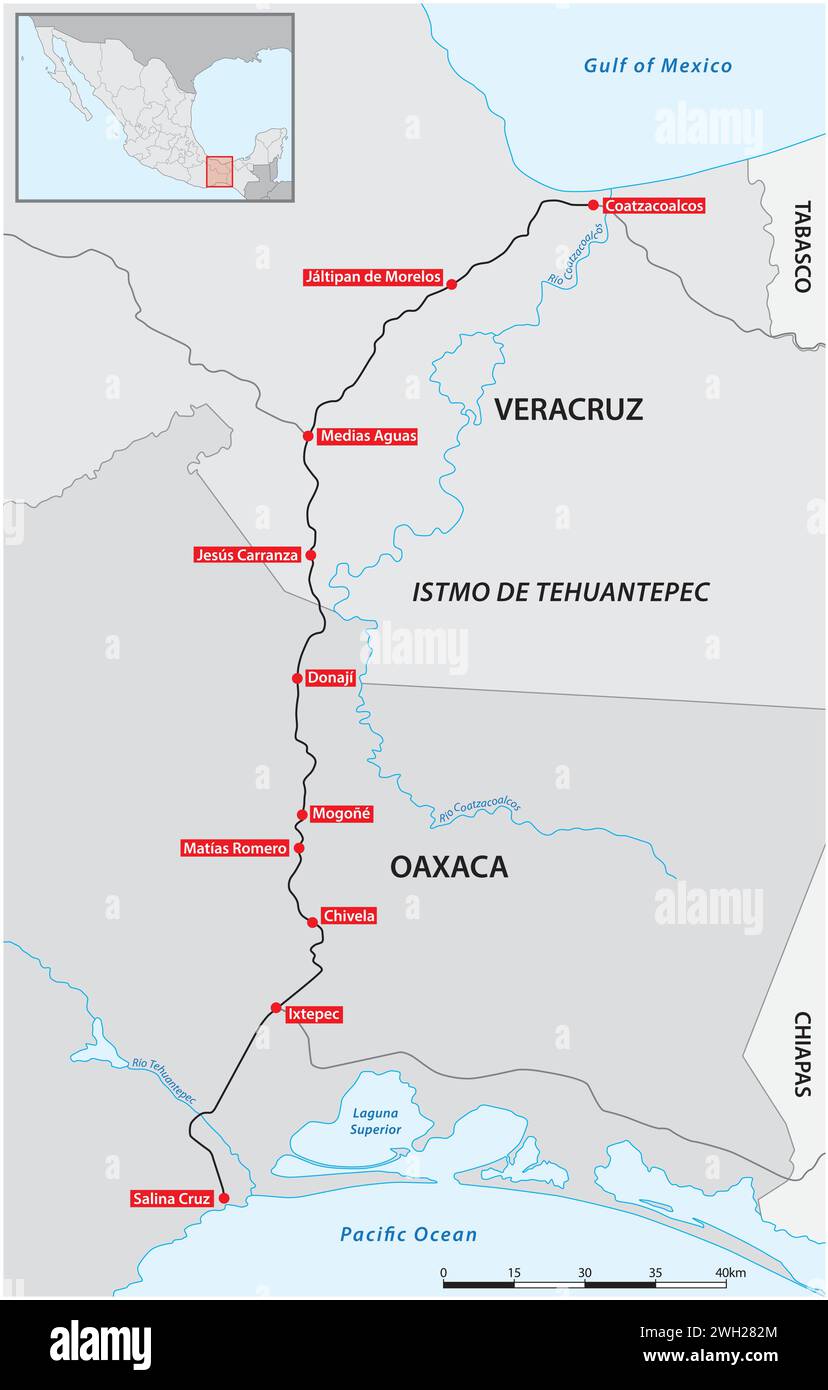 Mappa vettoriale della Tehuantepec Railway, Messico Illustrazione Vettoriale