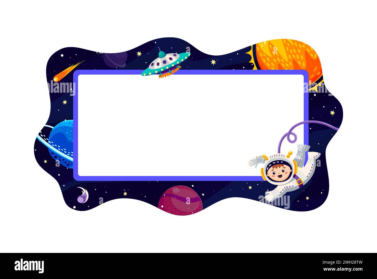 La galassia dei cartoni animati o il bordo con i bambini spaziali fluttuano in assenza di peso, pianeti, stelle e piattino ufo nel paesaggio cosmico. Carta Vector vuota con divertente baby astronauta Esplora Universo Illustrazione Vettoriale