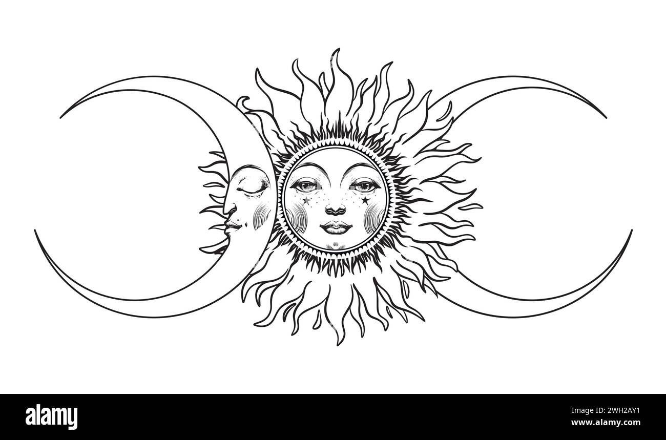 Il sole con un volto e la luna crescente con gli occhi chiusi. Poster mistico per disegnare a mano, tatuaggio Celestial line astrology, striscione vettoriale vintage, ecli Illustrazione Vettoriale
