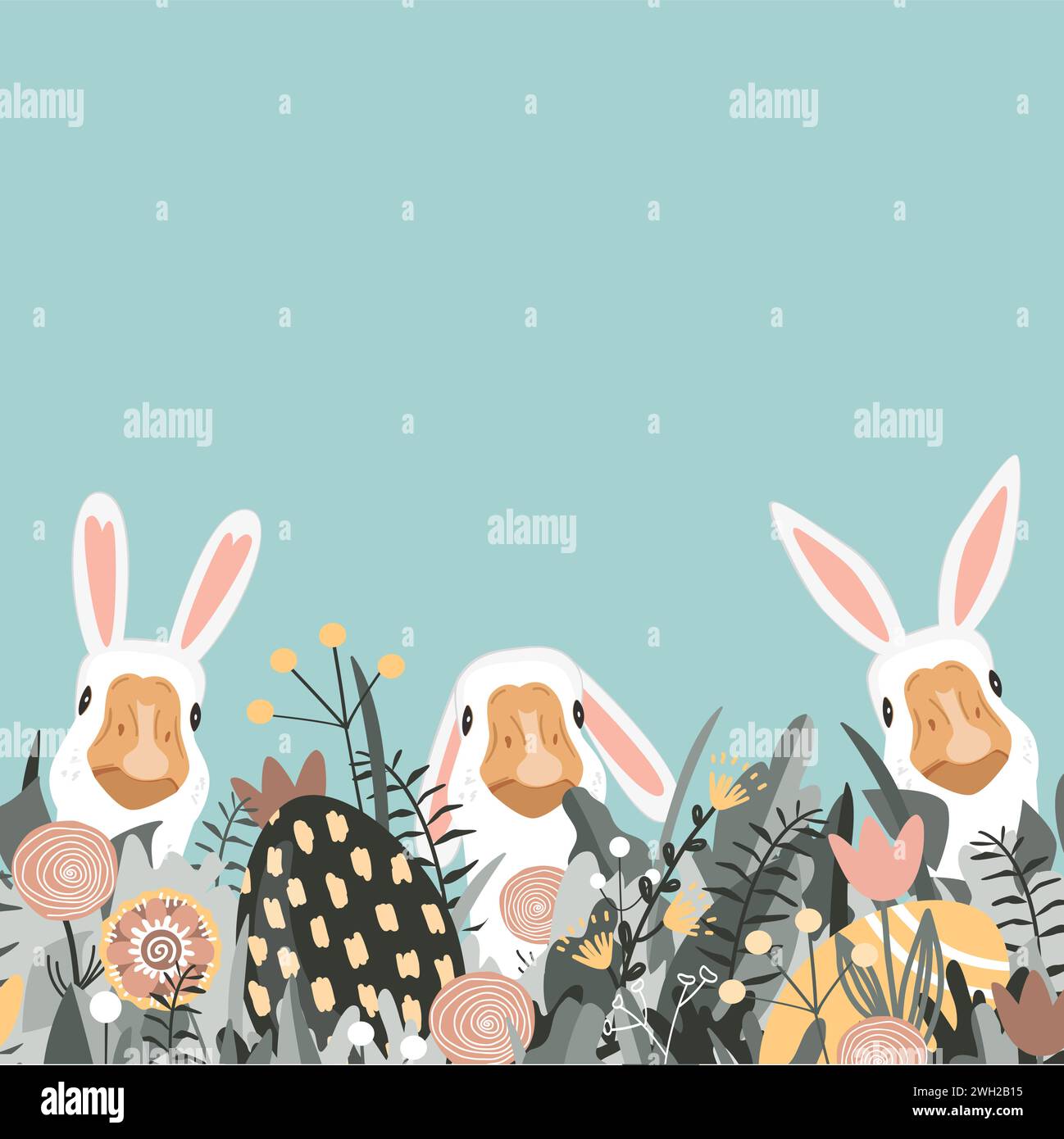 Graziose oche che indossano orecchie di coniglio pasquale che guardano dall'erba. Carta di caccia alle uova di Pasqua. Divertente sfondo coniglietto pasquale. Modello vettore molla Illustrazione Vettoriale