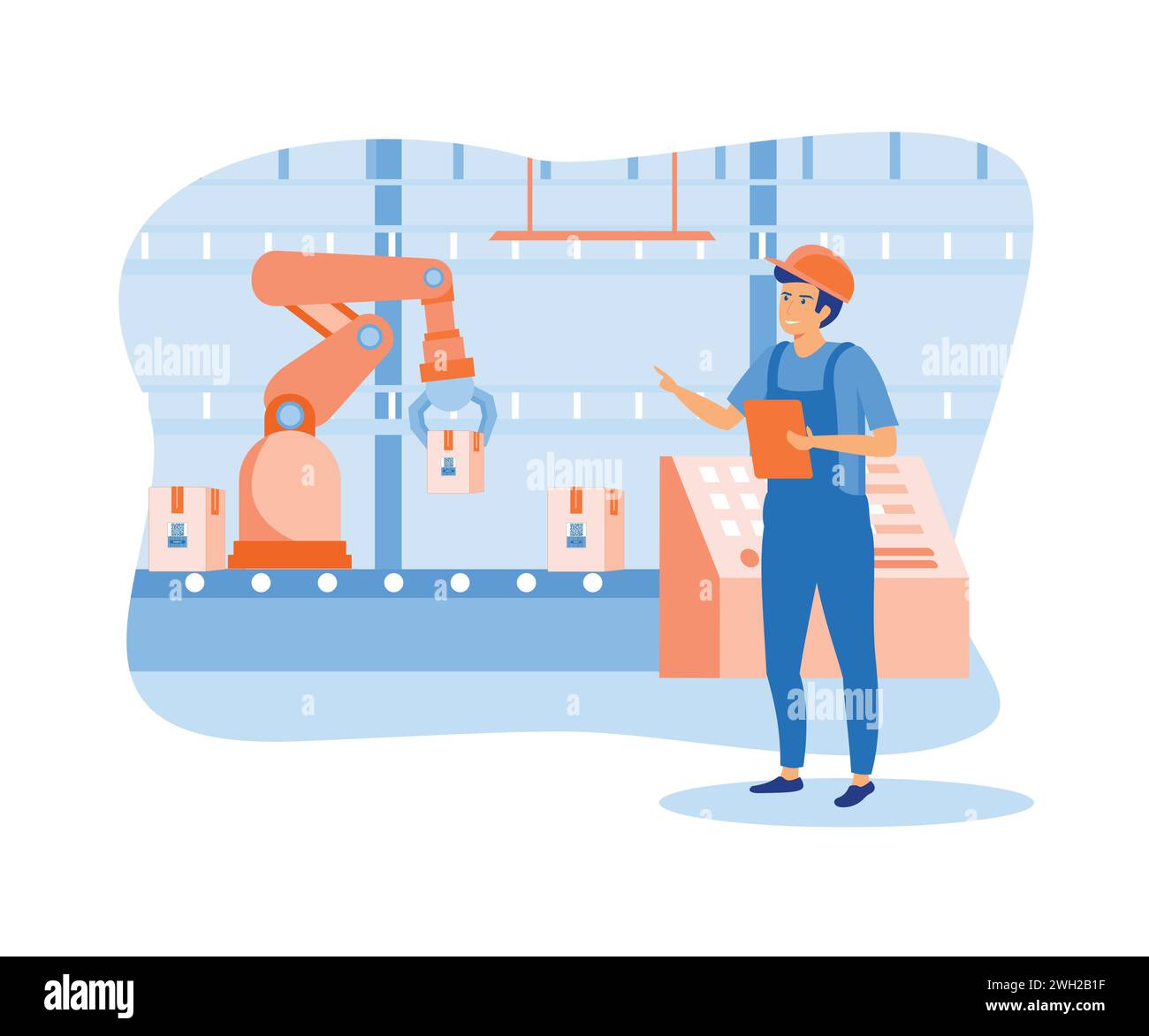 Il braccio robotizzato funziona in fabbrica. Rivoluzione industriale intelligente. illustrazione moderna vettoriale piatta Illustrazione Vettoriale