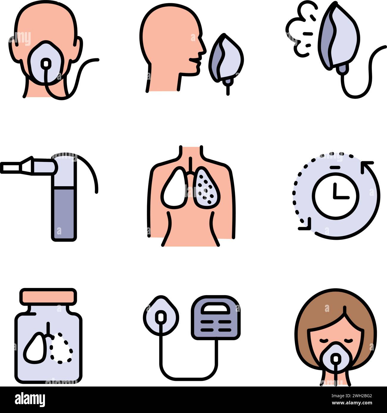 Icone piatte a colori Set di nebulizzatori di diversi tipi. Simbolo sanitario isolato su sfondo bianco. Raccolta Vector Simple. Illustrazione Vettoriale
