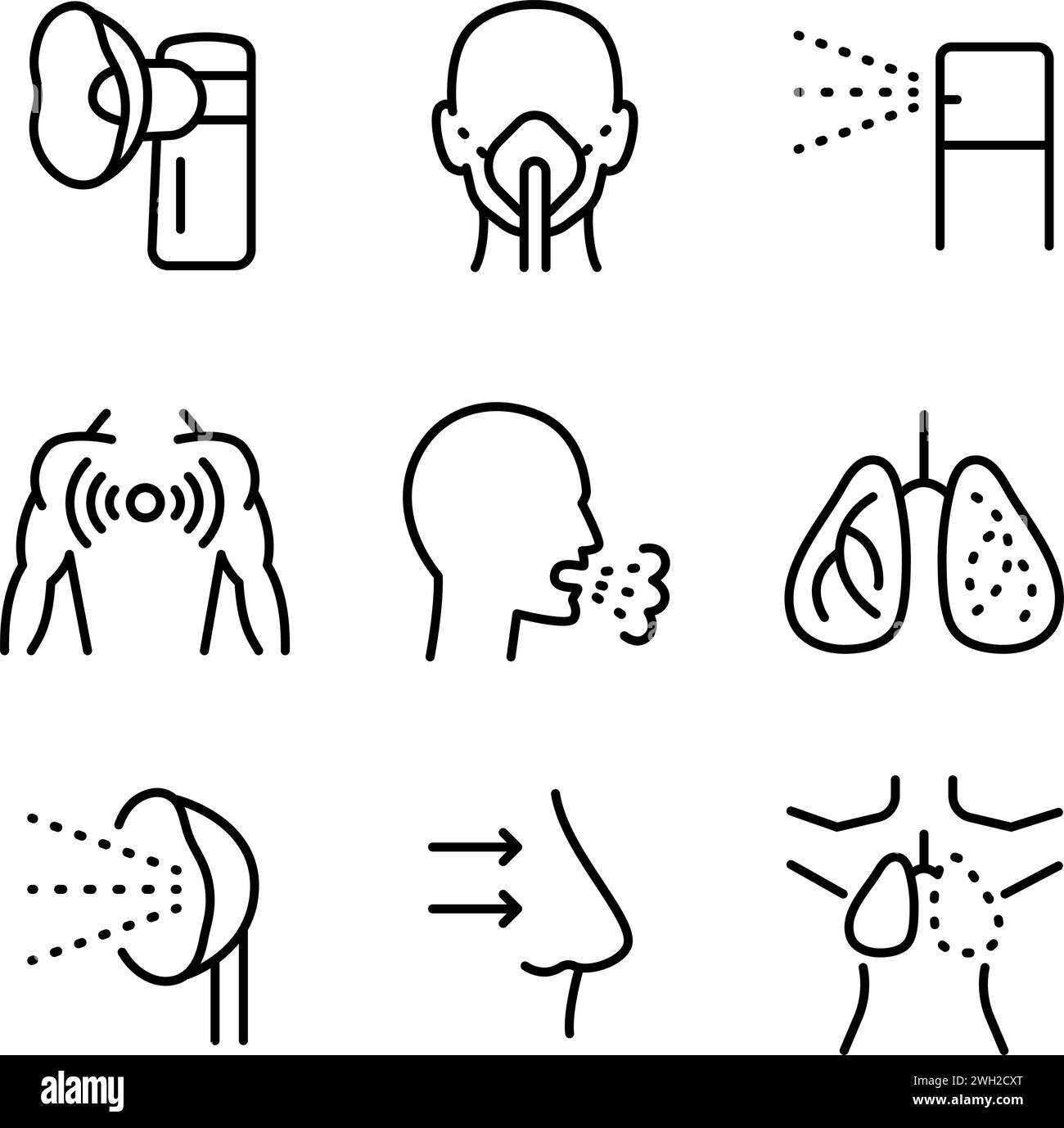 Icone vettoriali serie di nebulizzatori di diversi tipi. Illustrazione del profilo vettoriale. Simbolo sanitario isolato su sfondo bianco. Illustrazione Vettoriale