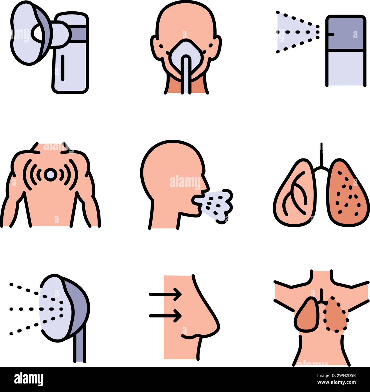 Icone di colore vettoriali Set di nebulizzatori di diversi tipi. Semplice illustrazione vettoriale. Simbolo sanitario isolato su sfondo bianco. Illustrazione Vettoriale