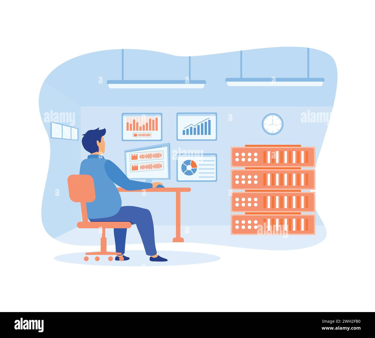 Uomo che lavora nel database delle informazioni di monitoraggio del computer del server di hosting della sala data center. illustrazione moderna vettoriale piatta Illustrazione Vettoriale